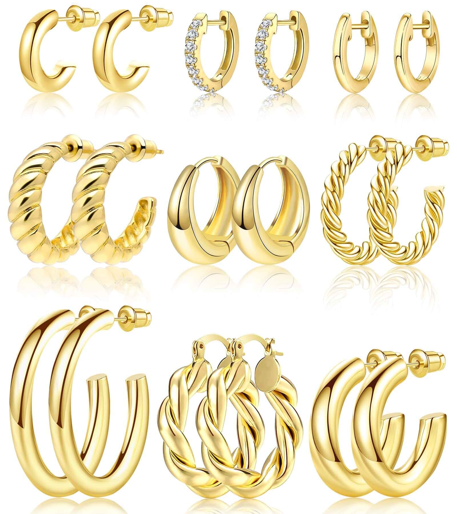 Adoyi 9 Pairs Gold Hoop Earrings Set for Womens Twisted Huggie Hoops Earrings 14K 18K Gold Plated for Valentines Mother's Day Birthday Gifts Lightweight