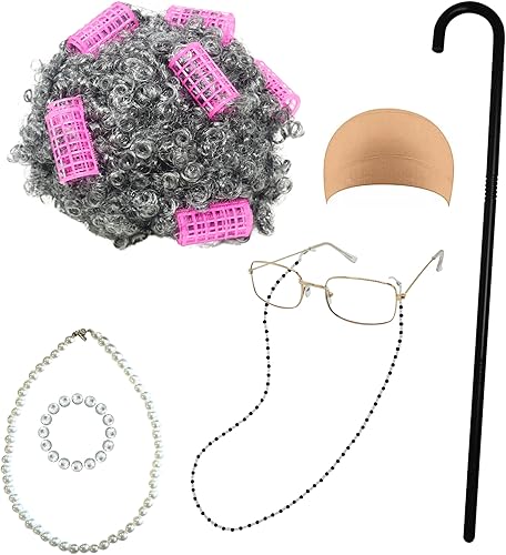 Miniatura 10 de 4Es Novelty Disfraz de anciana para niños juego de 5 piezas para el día 100 de escuela disfraz de abuela para niños peluca gris lentes con cadena