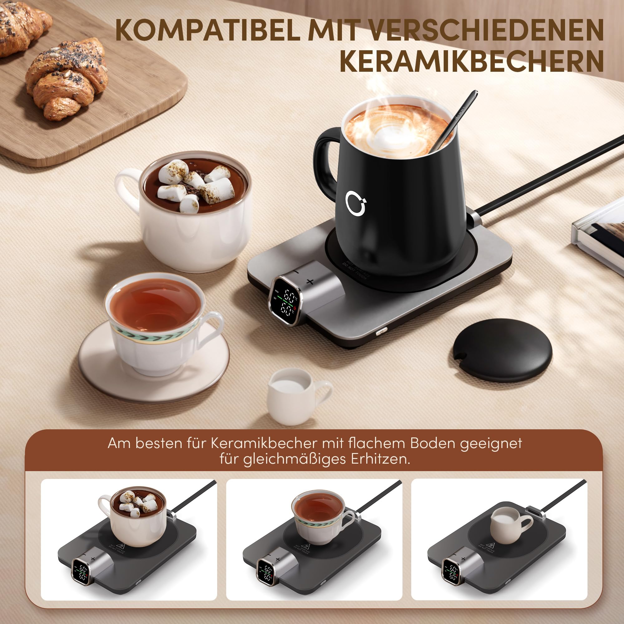 Elektrischer Tassenwärmer Set mit 1 °C Temperaturregelung und Echtzeit-Temperaturanzeige, automatischer Abschaltung, Kaffeewärmer für Schreibtisch & Büro – praktische Geschenkidee, Schwarz