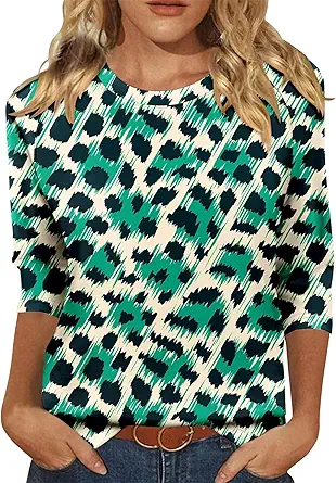 KISSMODA Tunic Tops for Women Loose Fit Dressy Round Neck Pleated 3/4 Length Sleeve Spring Tops