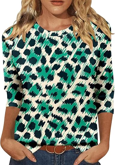 KISSMODA Tunic Tops for Women Loose Fit Dressy Round Neck Pleated 3/4 Length Sleeve Spring Tops