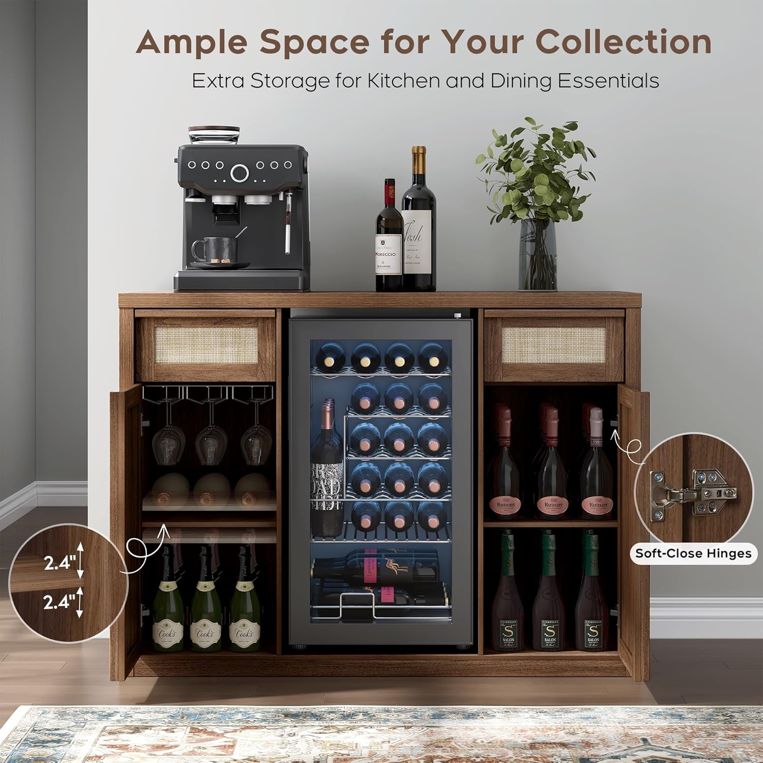 Yechen Rattan Coffee Bar Cabinet with Mini Fridge Space, Boho Coffee Station Cabinet with Wine Storage & Drawers, Liquor Cabinet Bar with Solid Wood Handles & Charger Station, Home Bar Furniture