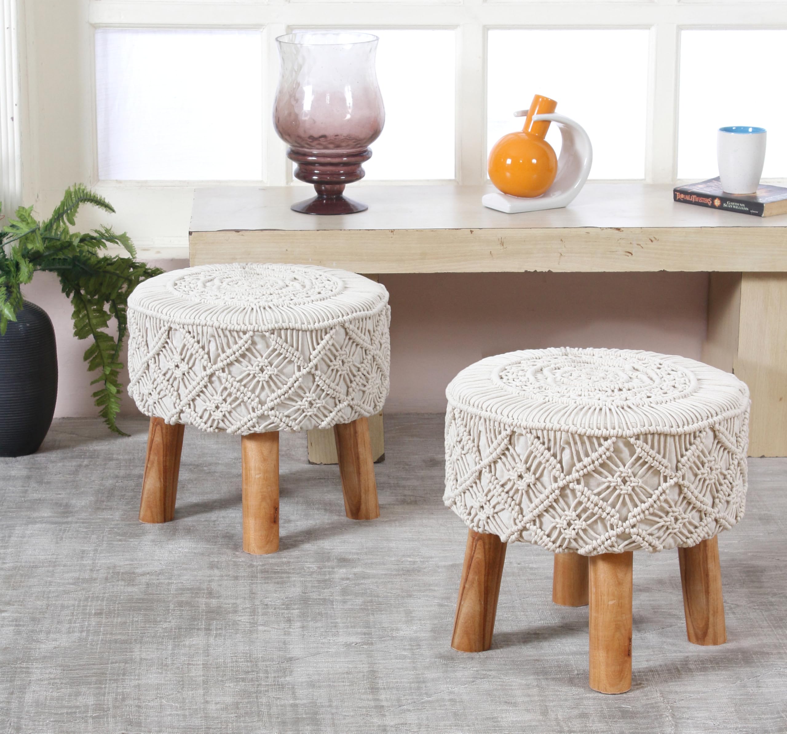 LB TRENDS Sitting Solutions for Home - Wooden Frame Round Ottomans, Soft Cushion Pouffes, Stools Ideal for Living Room, Bedroom, Study & Makeup Table, 16x16x18 Inch, Combo Macrame-White-image-22