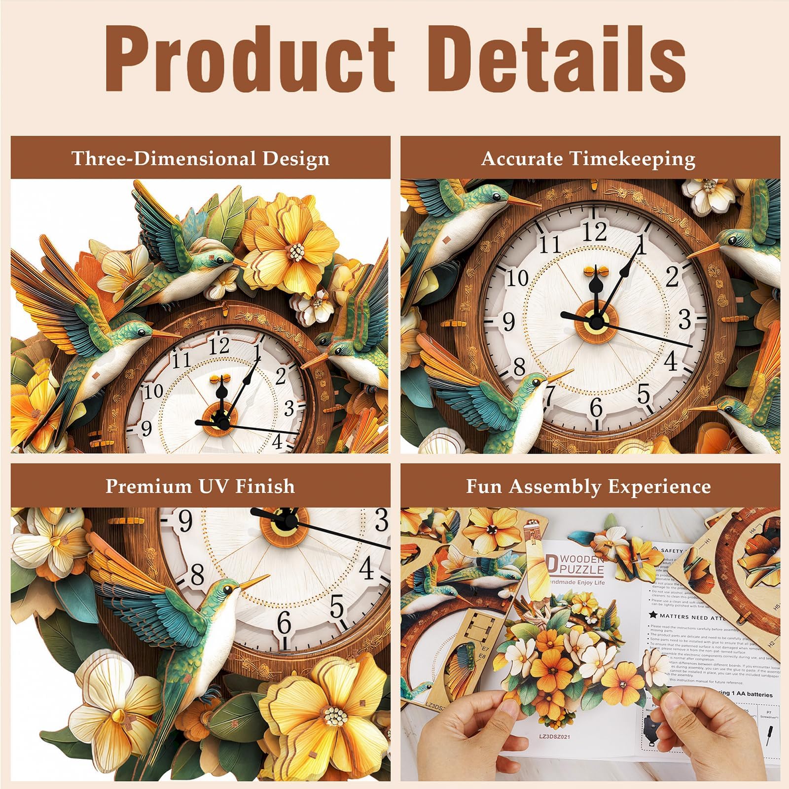 Casse-tête 3D en bois pour adultes, couronne mécanique, colibri, horloge murale en bois pour adultes, kits d'artisanat pour hommes et femmes, décoration d'intérieur unique