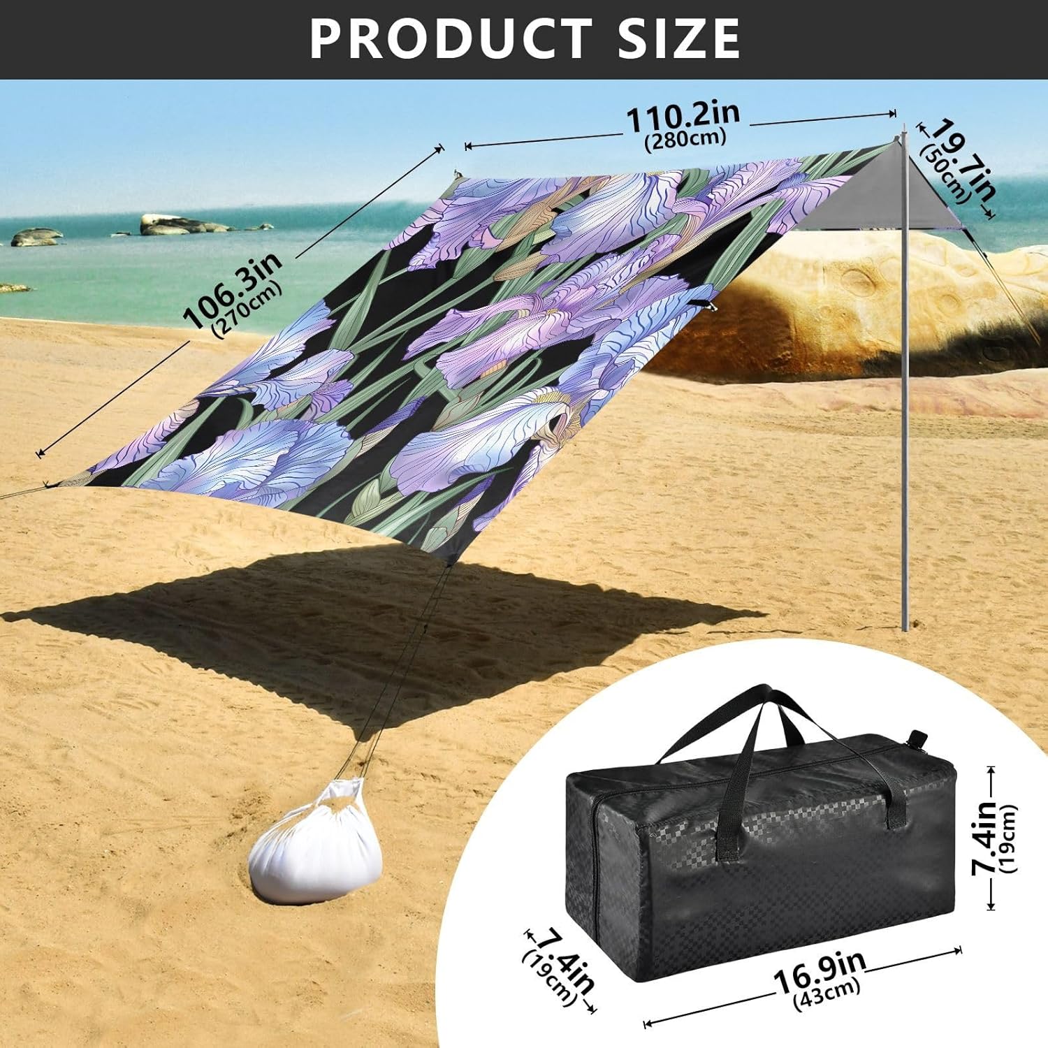 ALAZA Purple Iris Flowers Floral Beach Tent Sun Shelter UPF50+ Protection Beach Shade Canopy w/ 4 Sandbags for Outdoor Camping, Fishing, Backyard Fun, Picnic, 10x9 ft