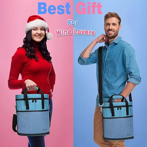 Miniatura 4 de Tirrinia Transportador de regalo de vino aislado  3 botellas de viaje acolchada bolsa de viaje para vino con asa y correa ajustable para el hombro,