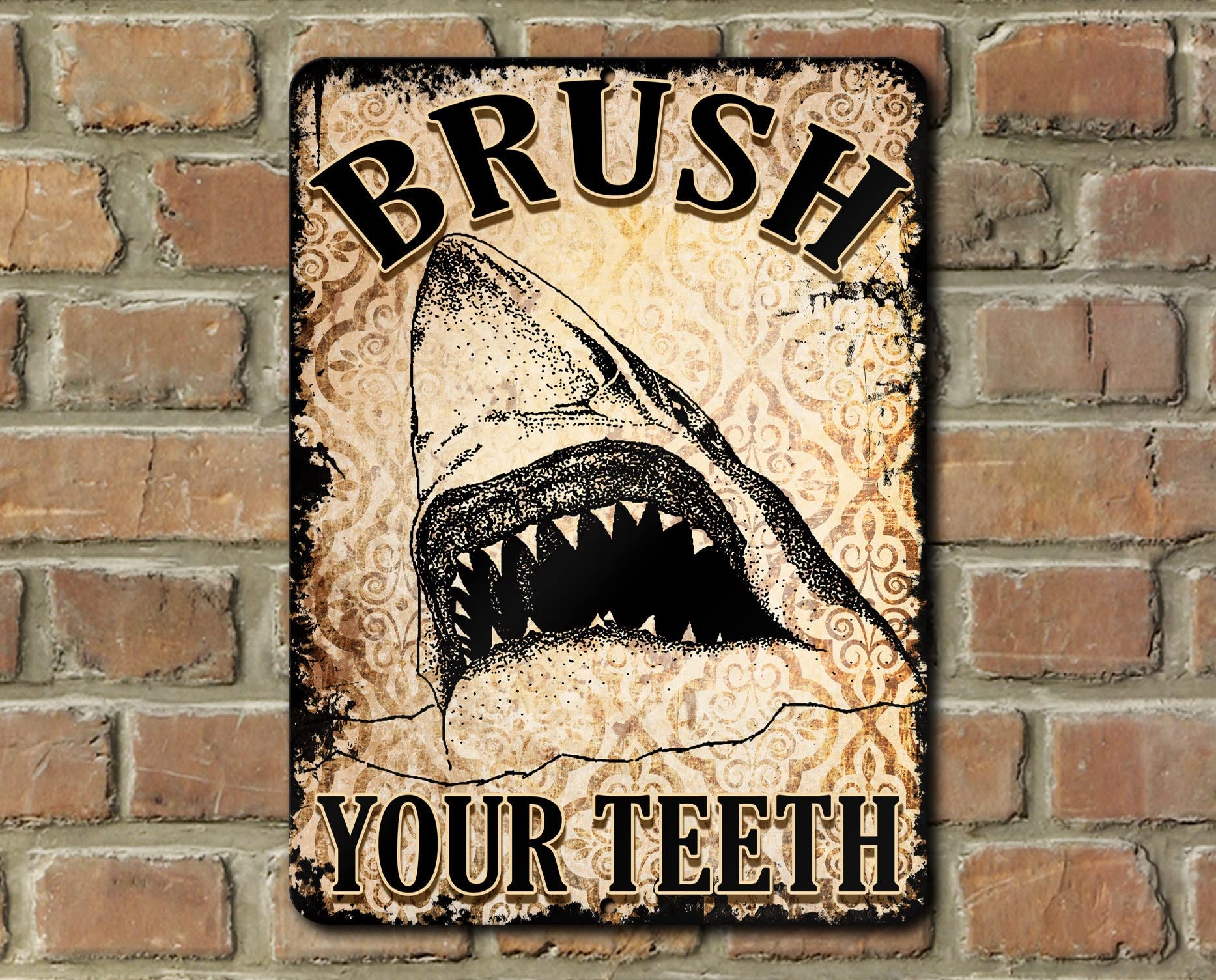 Shark Brush Your Teeth Bathroom Wall Decor Art Vintage Style Metal Sign Metal Sign Vintage Kitchen Signs Wall Decor Funny Tin Signs Bar Decorations Art Poster 8x12 inch