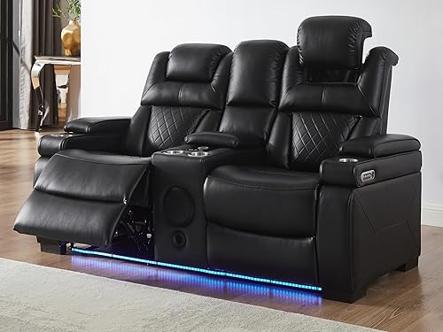 Miniatura 10 de THSUPER Juego de sofás reclinables de cuero transpirable con potencia con luz LED, asientos reclinables de cine en casa con reposacabezas Negro
