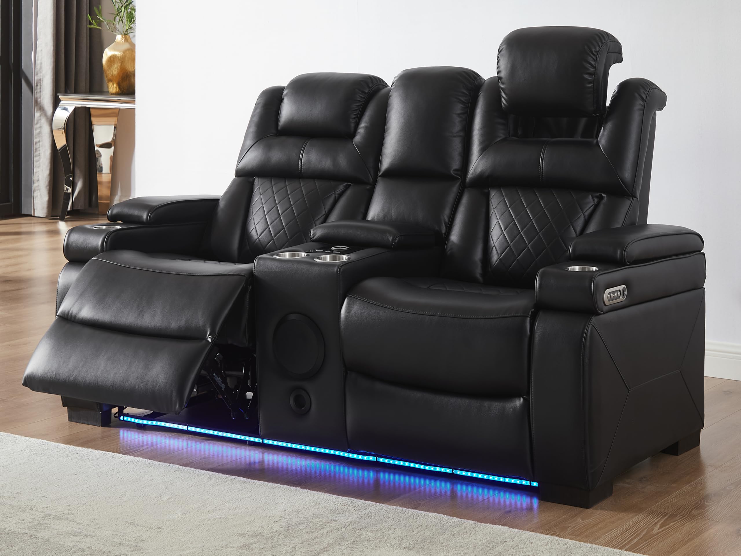 THSUPER Power Breathable Leather Reclining Loveseat with 7-Color LED Light, Living Room Recliner Couch with Adjustable Headrest/USB Port/Wireless