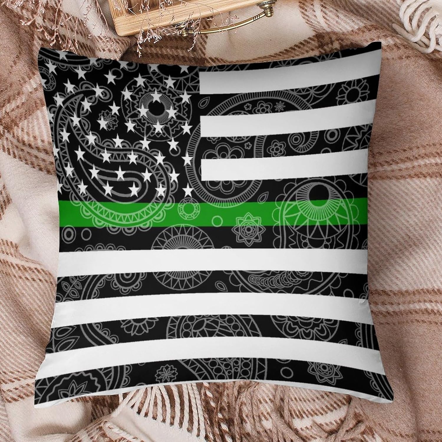 U.S. Flag Thin Green Line Paisley Pattern Printed Throw Pillow Case 4 Pcs Soft Pillowcases Pillows Covers Sofa Bed Decor 12/14/16/17/18/20/22/24/32 Inches