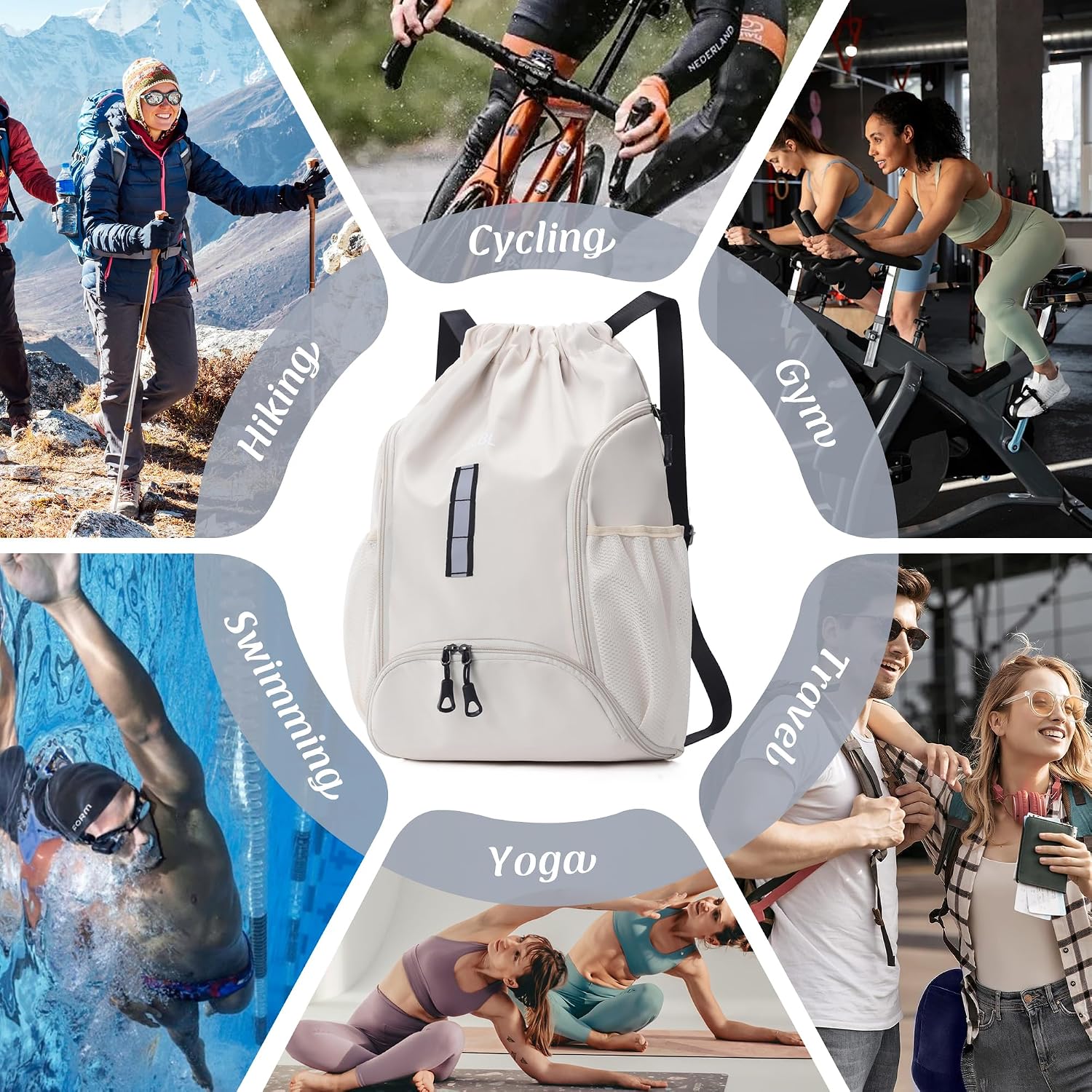 Drawstring Gym Backpack, Sports Bag with Adjustable Shoulder Straps, Cinch Sack for Fitness, Swimming, Travel (Beige)