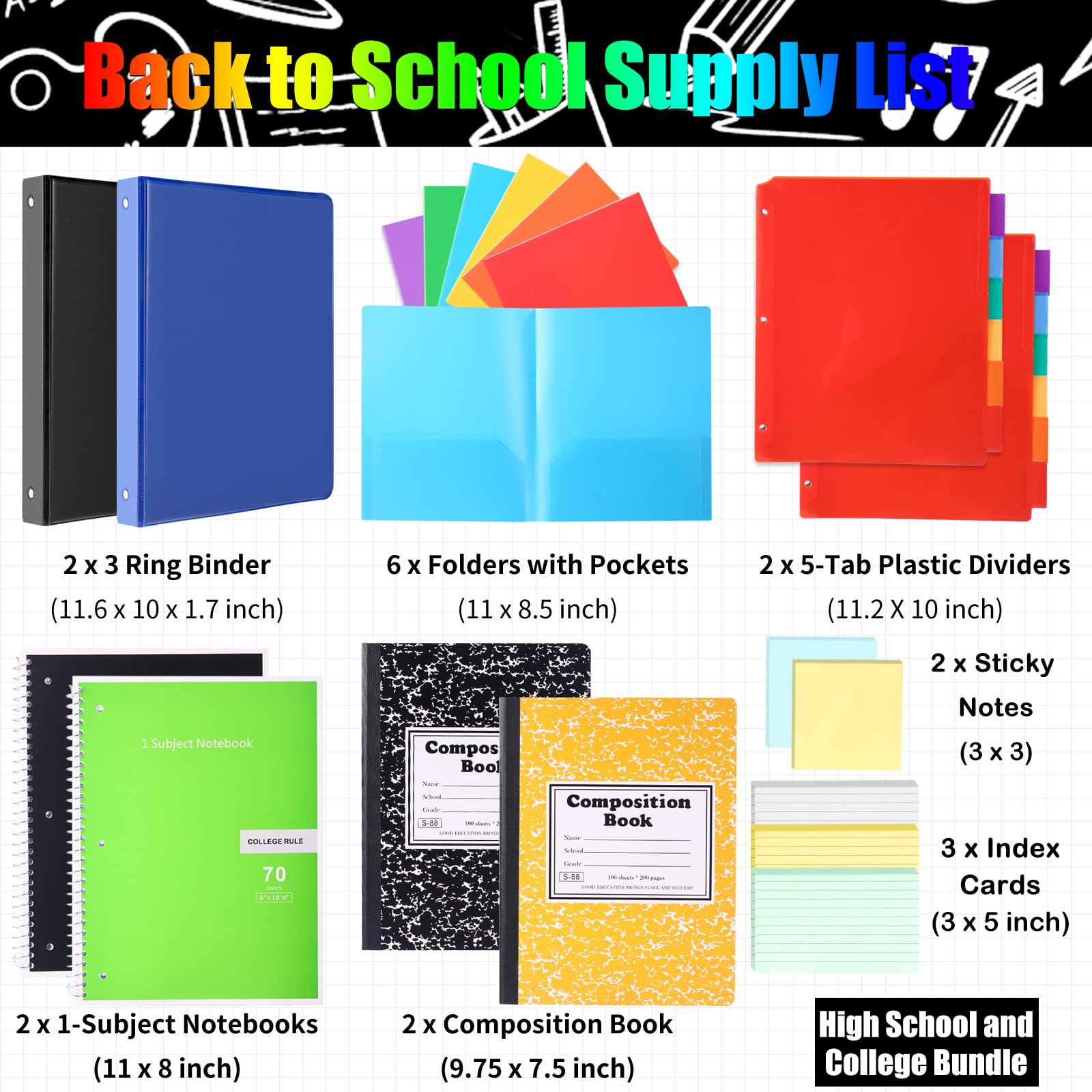 Kit de 85 fournitures de rentrée scolaire pour élèves du secondaire, de l'université, boîte de fournitures scolaires, outils d'apprentissage essentiels pour les étudiants
