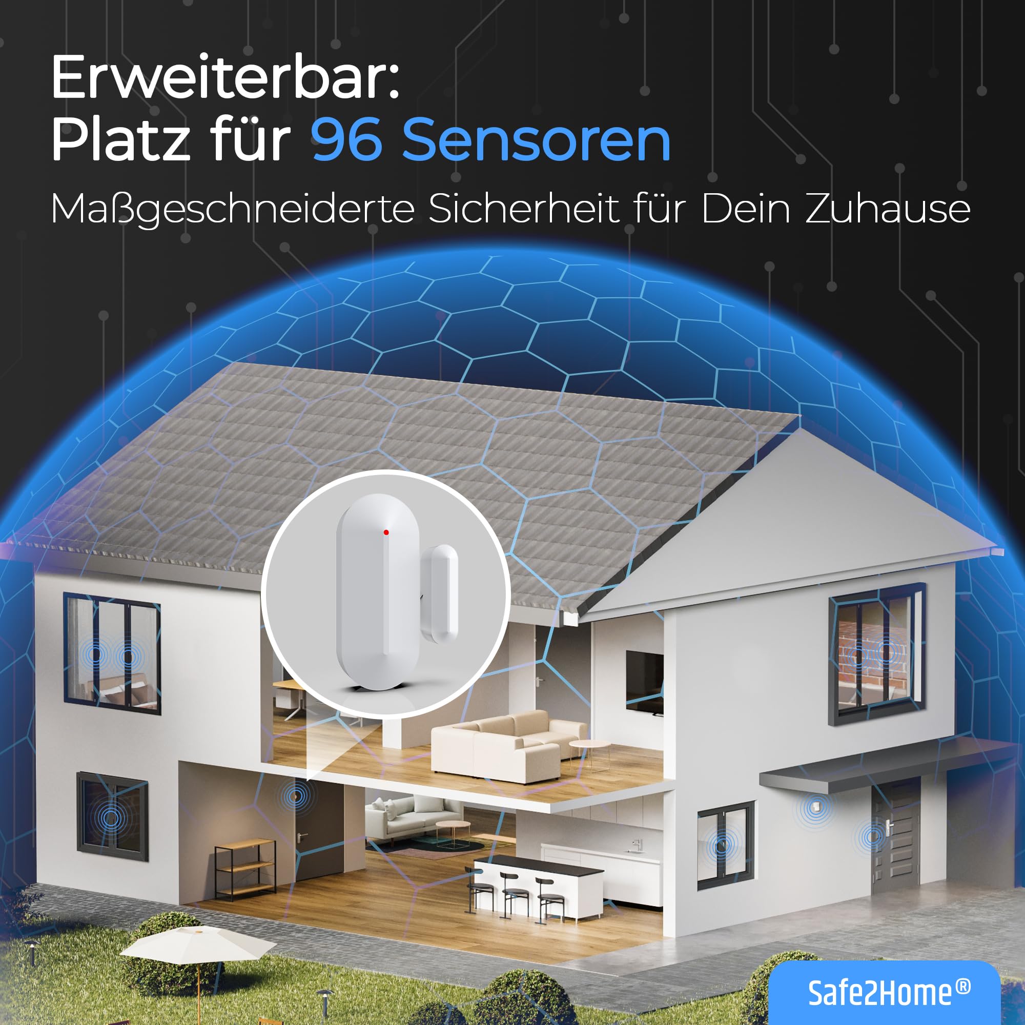 Safe2Home® Funk Alarmanlagen Set SP110 mit Sabotageschutz - deutsch - LTE Alarmsystem mit SMS Alarmierung etc. - Alarmanlagen fürs Haus Büro inkl. Zubehör und Sensoren - Alarmsystem