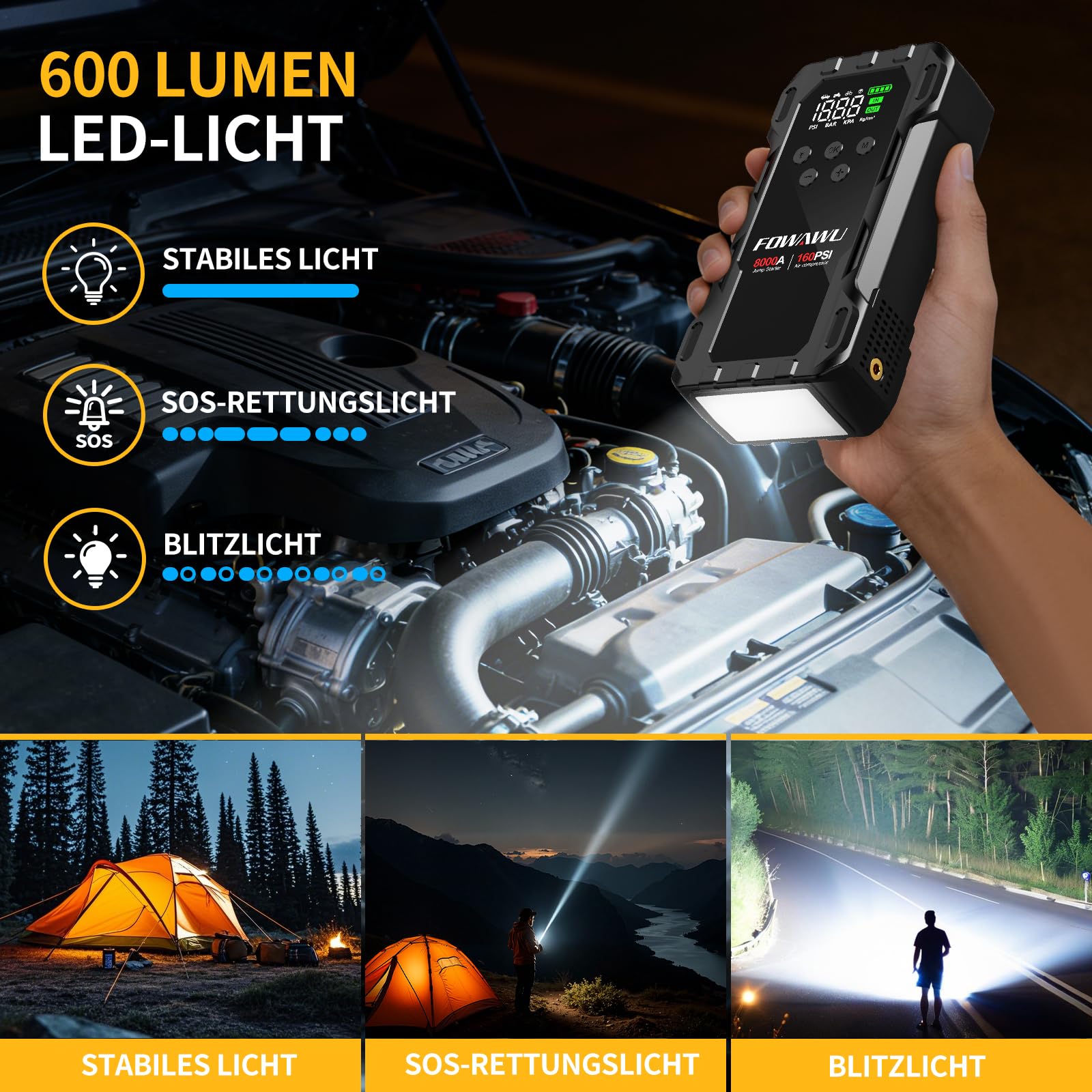 FOWAWU Starthilfe Powerbank für Pkw mit Kompressor 160PSI, 26800mAh 8000A Auto Starthilfegerät für All Benzin und 10.0L Dieselmotor, Boost-Modus bei Niedriger Spannung und 600LUM LED-Licht