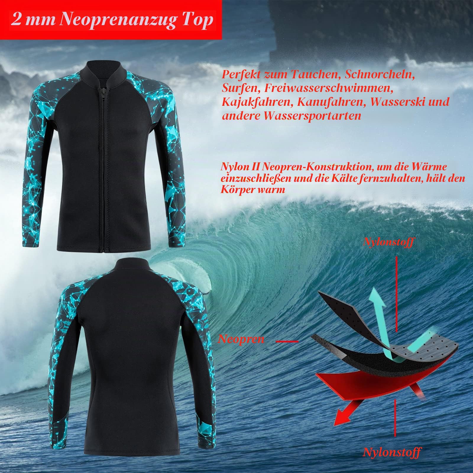 2mm Neoprenanzug Top Neoprenanzüge Jacke Thermal Langarm Tauchanzug für Männer Frauen Freiwasser Schwimmen Schnorcheln Tauchen Surfen