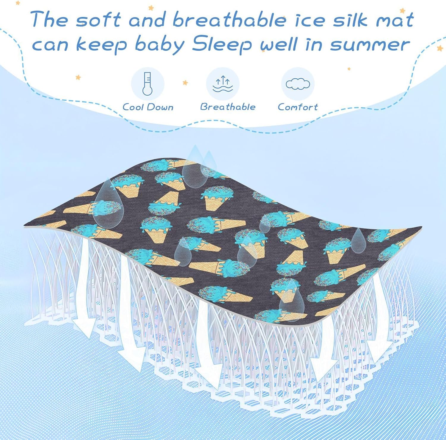Baby Cooling Mat Ice Cream Black Ice Silk Breathable Mesh Summer Crib Mattress Pad with Pillowcase, Soft Cooling Sleeping Surface for Infant & Toddler, 52"x28"