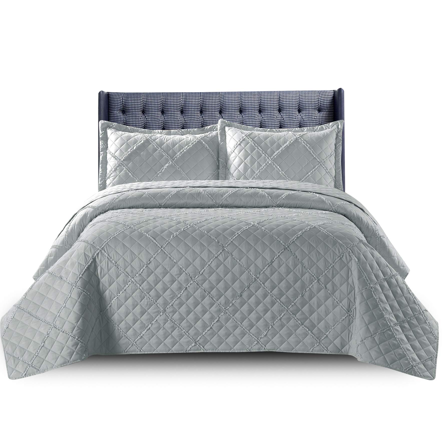PHP Quilted Bedspread Bed Throws for Room Decor - Quilted Fabric Embossed Striped Pattern Ruffle Design Reversible Quilt Bedspreads Coverlets with Hypoallergenic Pillow Cover (King, Ruffle Silver)