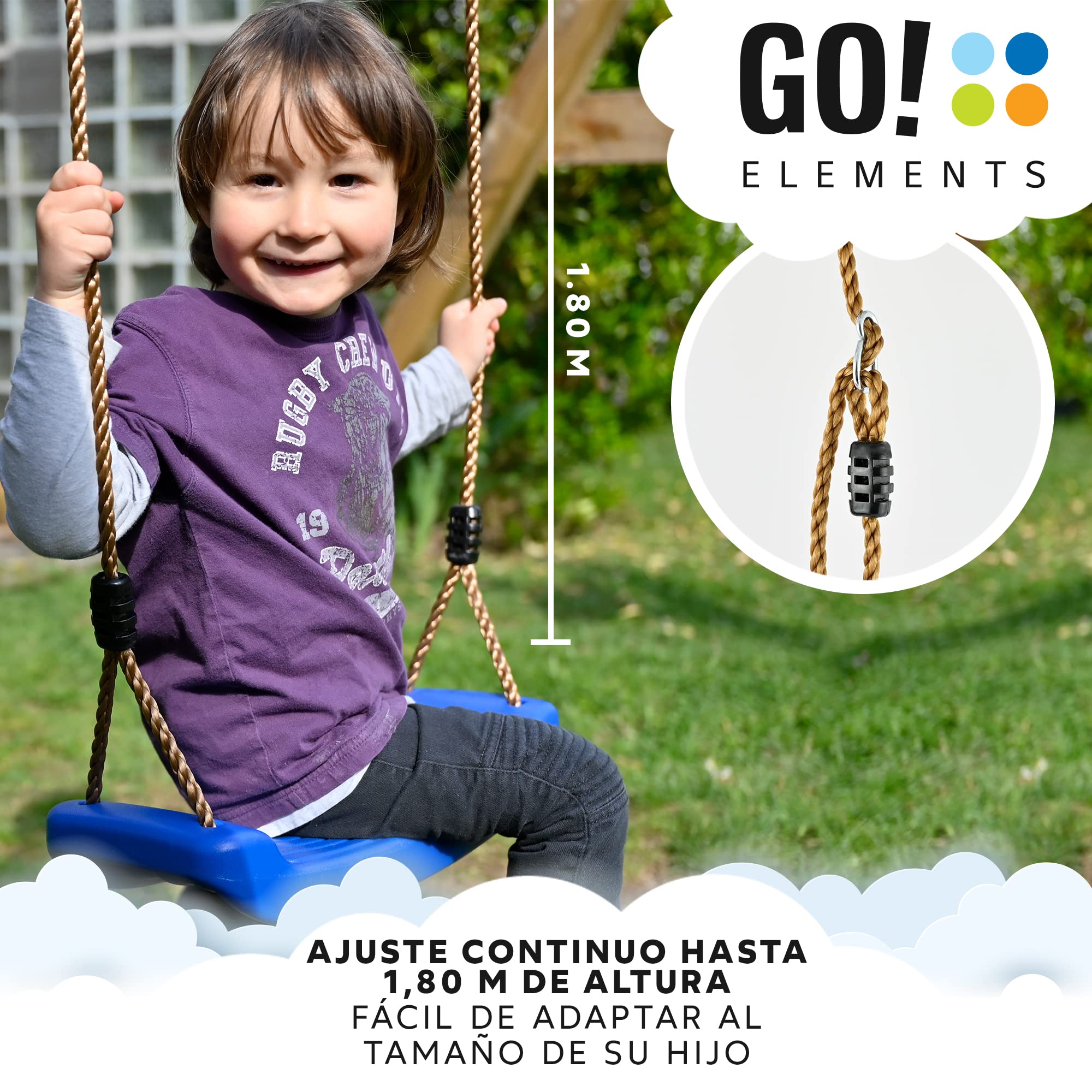 GO!Elements - Columpio para niños al Aire Libre - Asiento Columpio Interior - Cuerda Columpio, Asiento Columpio - Altura - Ajustable - Antideslizante - Color: Verde