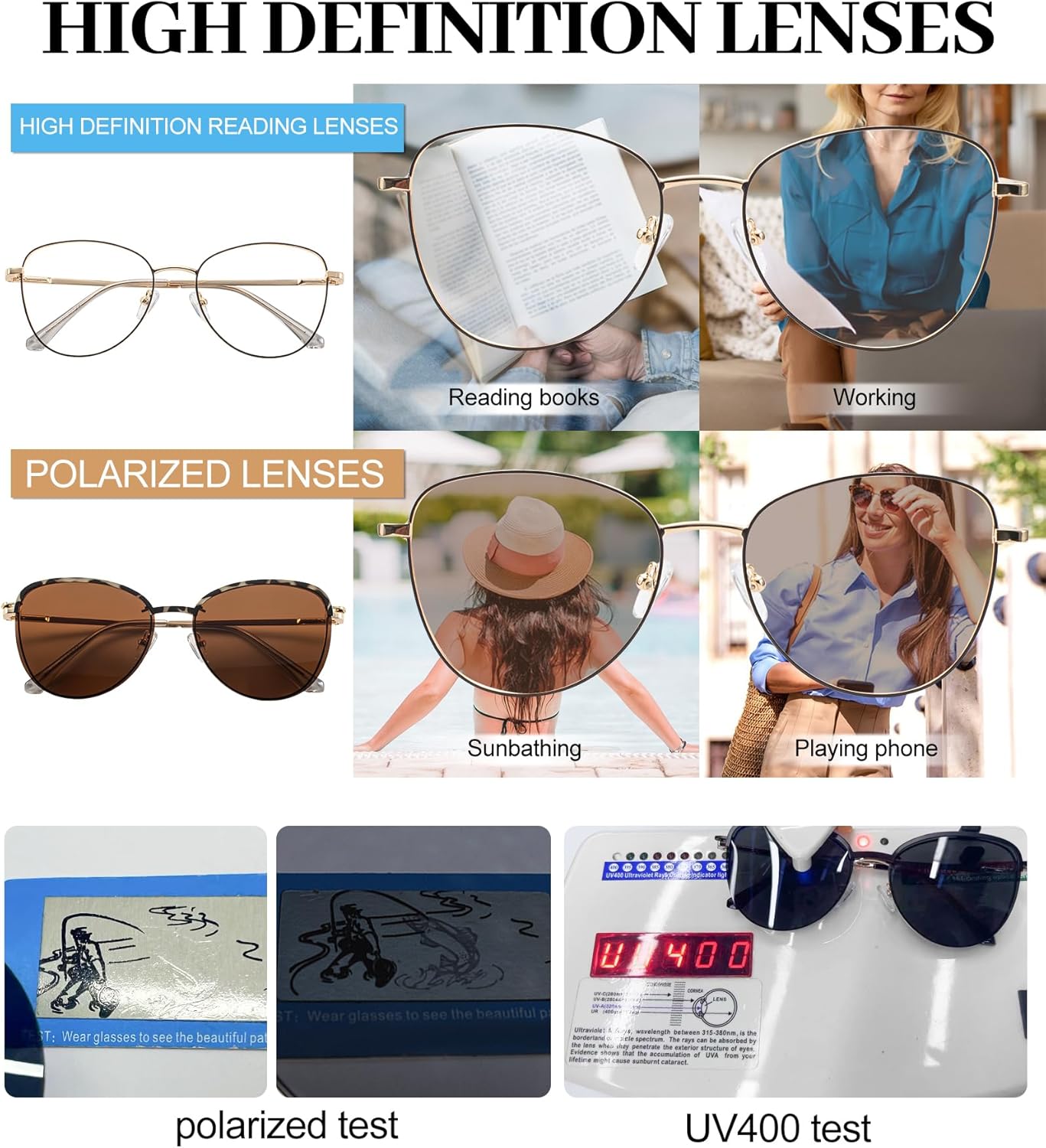 AEZUNI Large Frame Reading Glasses Women Metal Readers Magnetic Polarized Sunglasses Clips 1.0 1.5 2.0 2.5 3.0 3.5