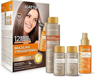 KATIVA Brazilian Keratin Straightening Kit - Alisado Brasileño Keratina + Potion 4 Heat Protectant Serum, Formaldehyde-Free Smoothing, Anti Frizz, Hyaluronic Acid, Argan Oil, Vegan, Up to 12 Weeks
