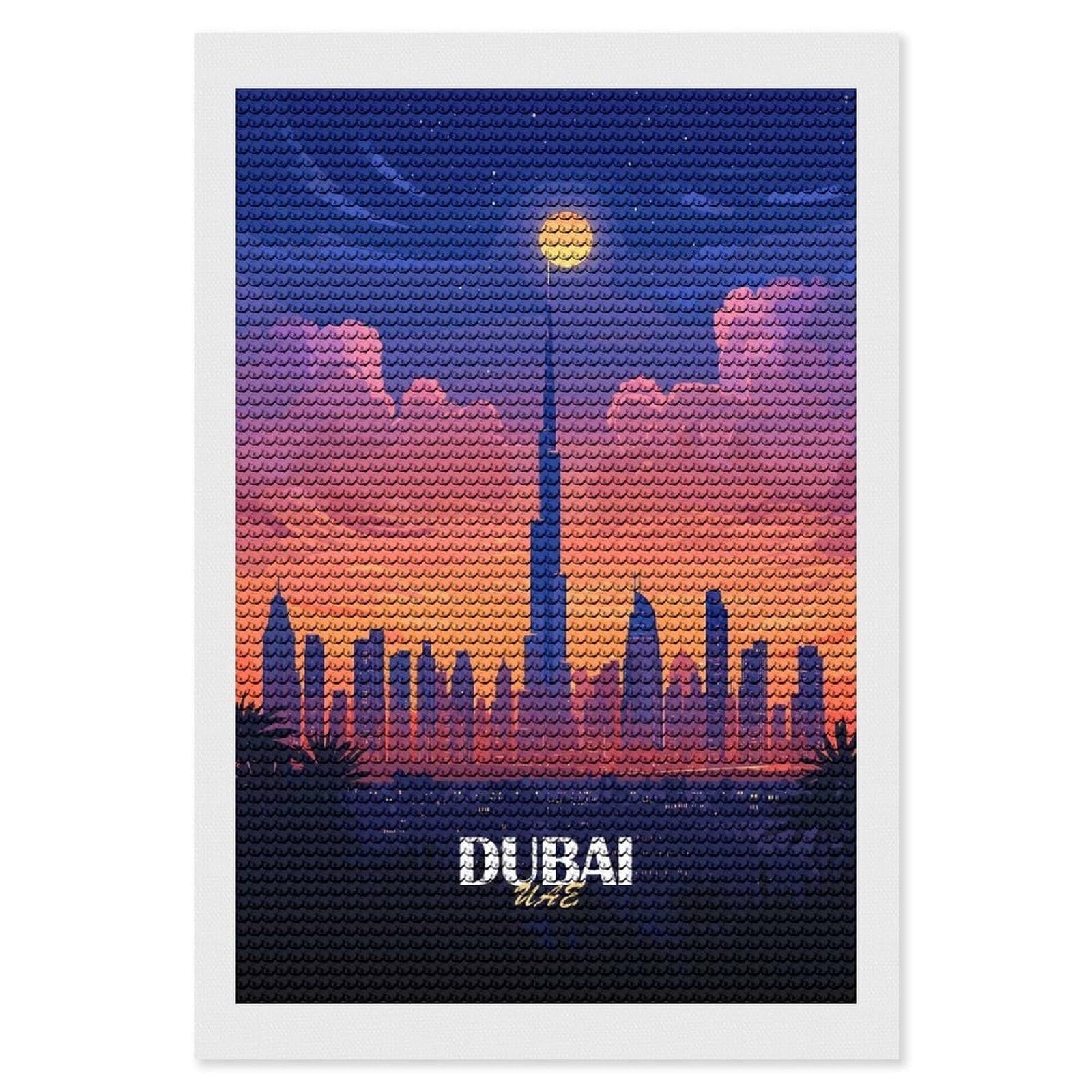 Junmoney Dubai Skyline at Sunset Full Drill Diamond Painting Kit 8"x12", Sparkling Round Gems, Decorate Your Room, Mindful Craft Activity