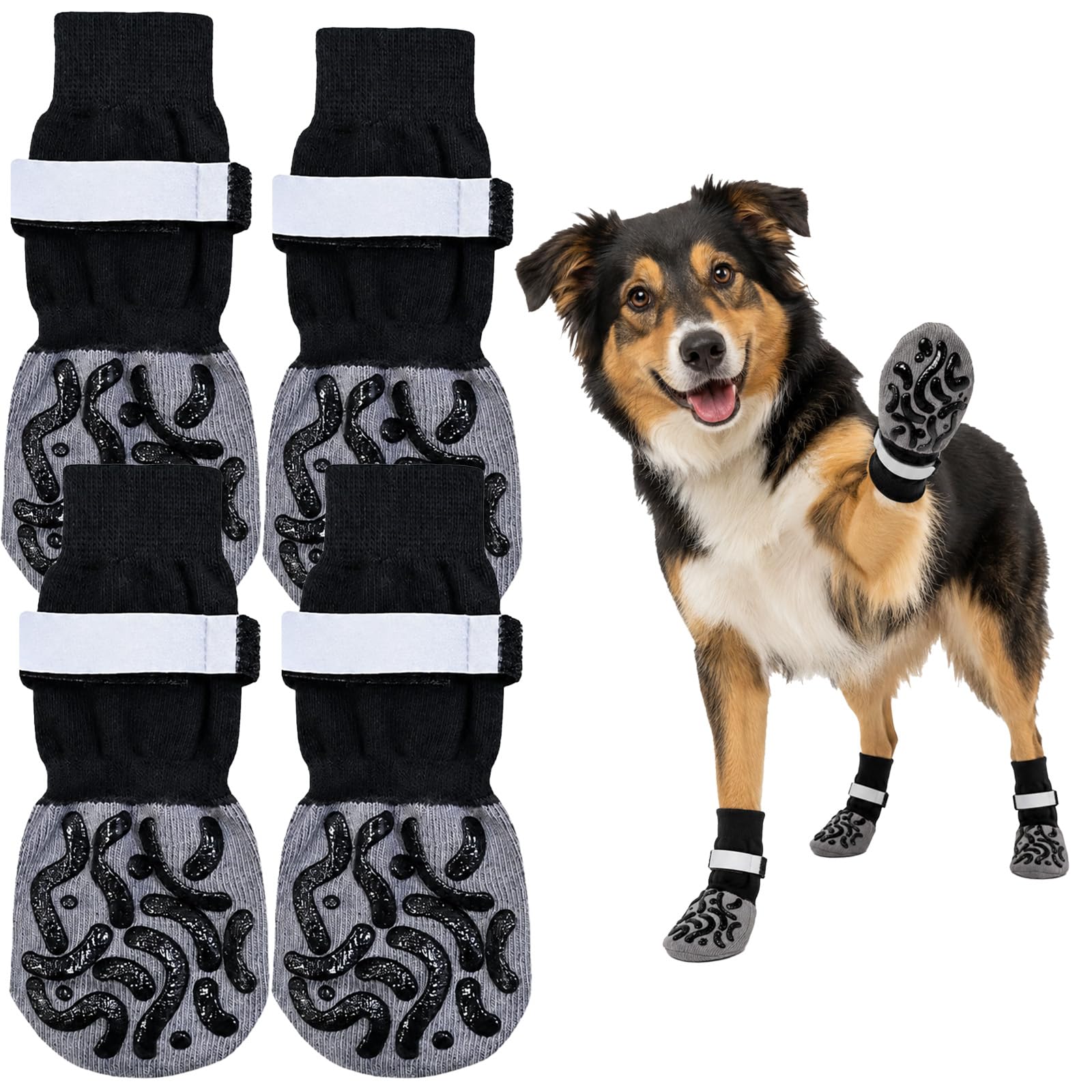 Non Slip Dog Socks, 4 Pack Grip Paw Socks for Indoor Floors, Anti-Skid Pet Foot Covers for Dogs, Large Size Black Geometric Design for Hardwood, Tile, Travel and Everyday Home Use