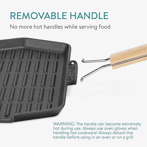 Miniatura 3 de Navaris Juego de sartenes de hierro fundido chisporroteante, sartén para parrilla con mango extraíble para fajitas, bistec, platos chisporroteantes