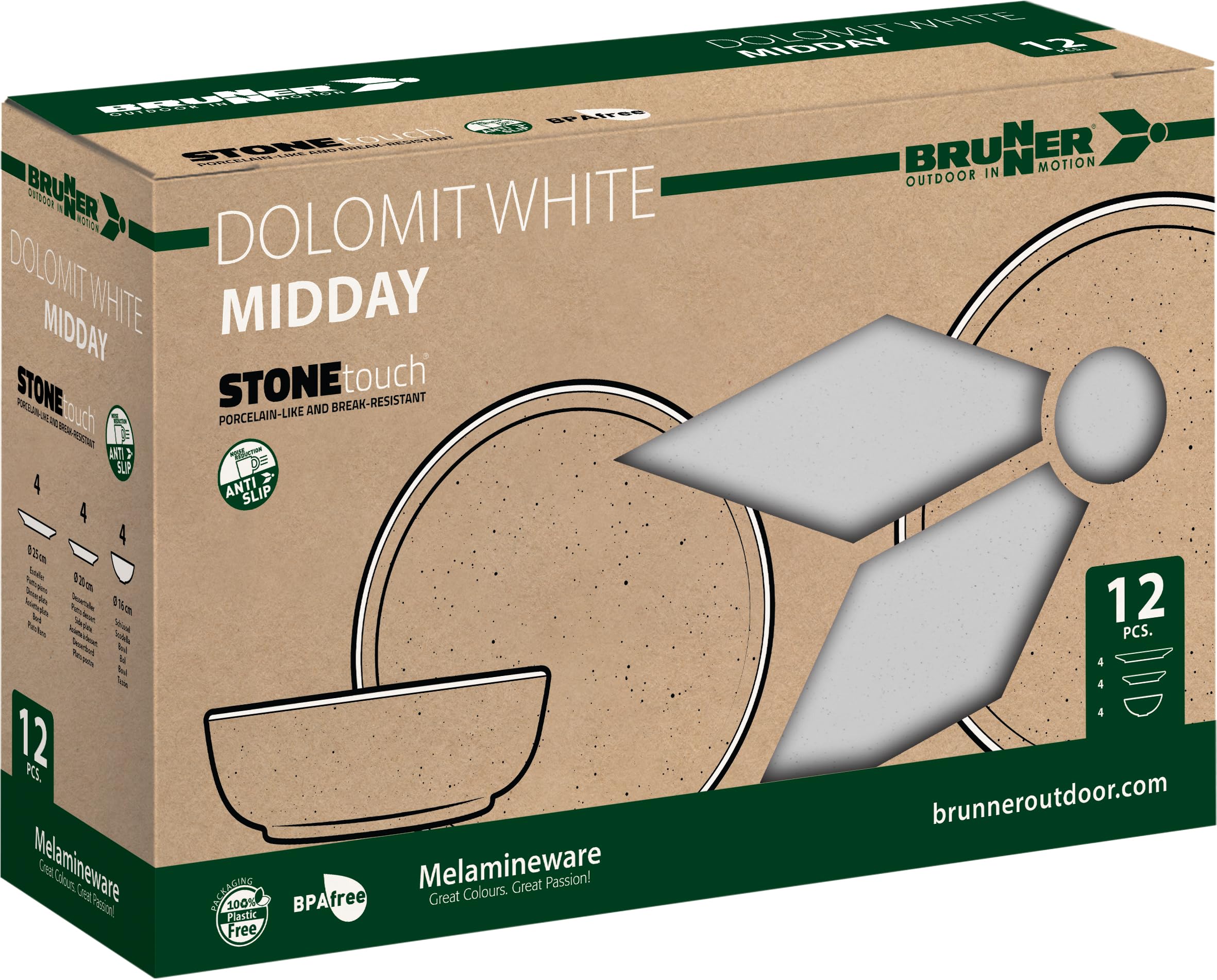 Brunner Dolomit - Juego de vajilla antideslizante de melamina para exteriores, platos ligeros y resistentes a la rotura, cuencos y tazas, caravana, picnic y camping (blanco dolomito, juego de 12