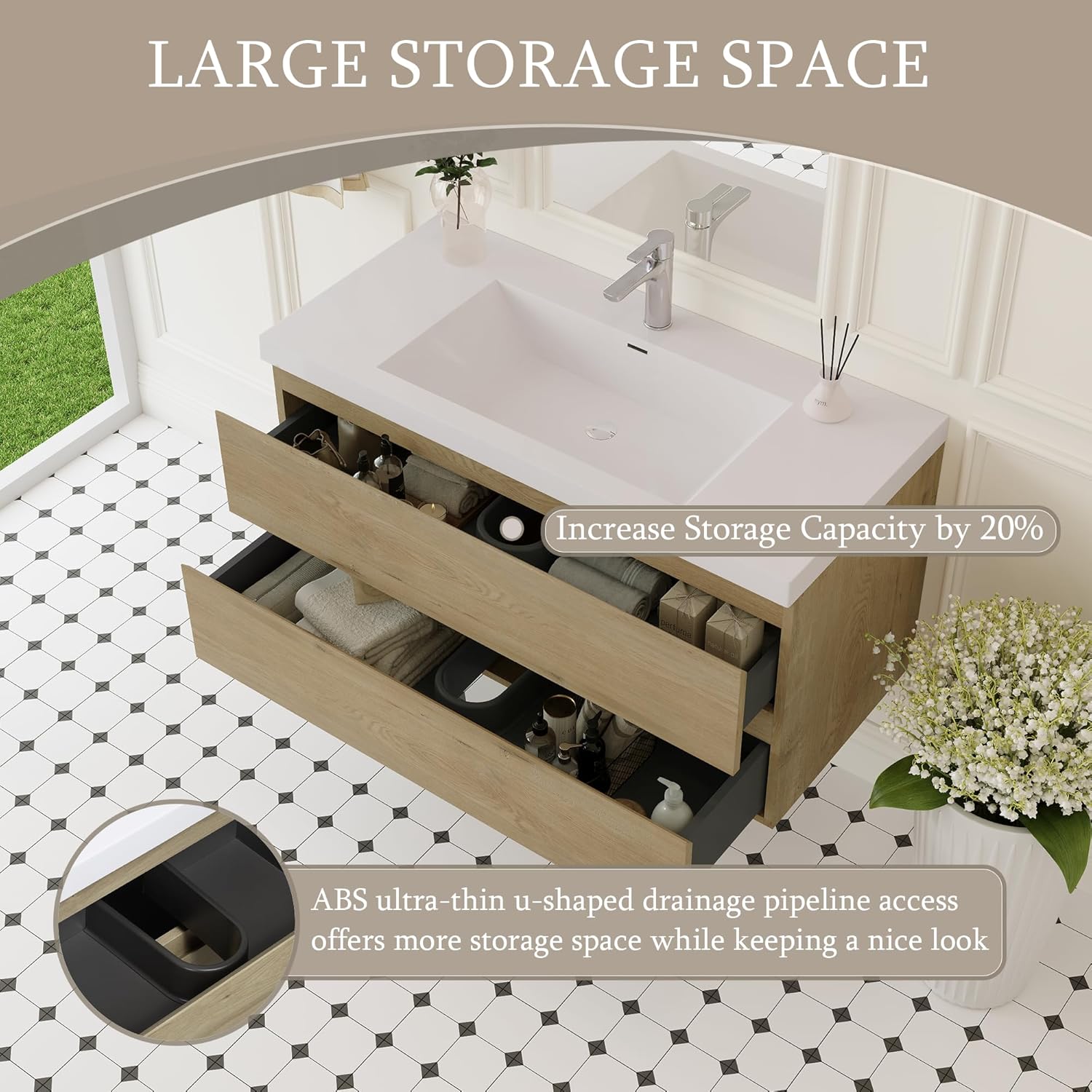 42 Inch Floating Bathroom Vanity with Sink, Large Storage Wall Mounted Floating Vanity with Soft Close Drawers, One-Piece Basin Bathroom Sink Cabinet (Natural Oak, 42")