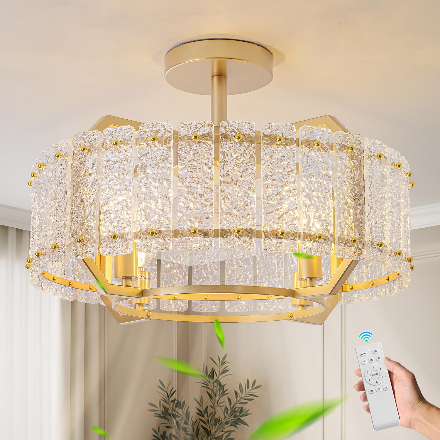 Gold Crystal Fandelier Ceiling Fan with Light, 20inch Crystal Caged Ceiling Fan with Light, Crystal Caged Fandeliers with 6 Speeds for Bedroom, Living Room, Dining Room, Nursery