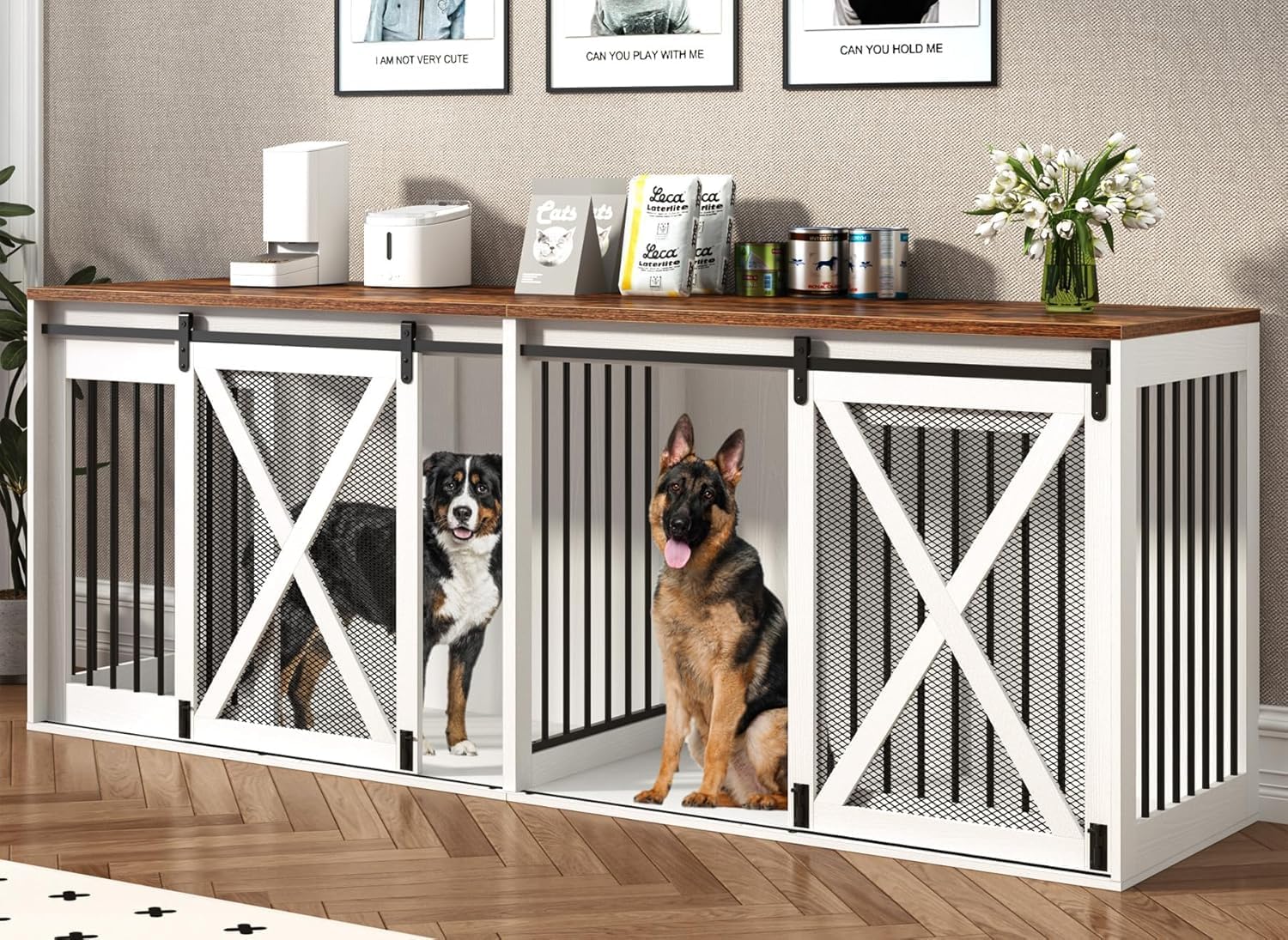 94.5" XXXL Dog Crate Furniture for 2 Large Dogs, Heavy Duty Double Dog Cage Extra Large Breed, 35.4" Tall Thick Wooden Dog Kennel TV Stand with Divider, White