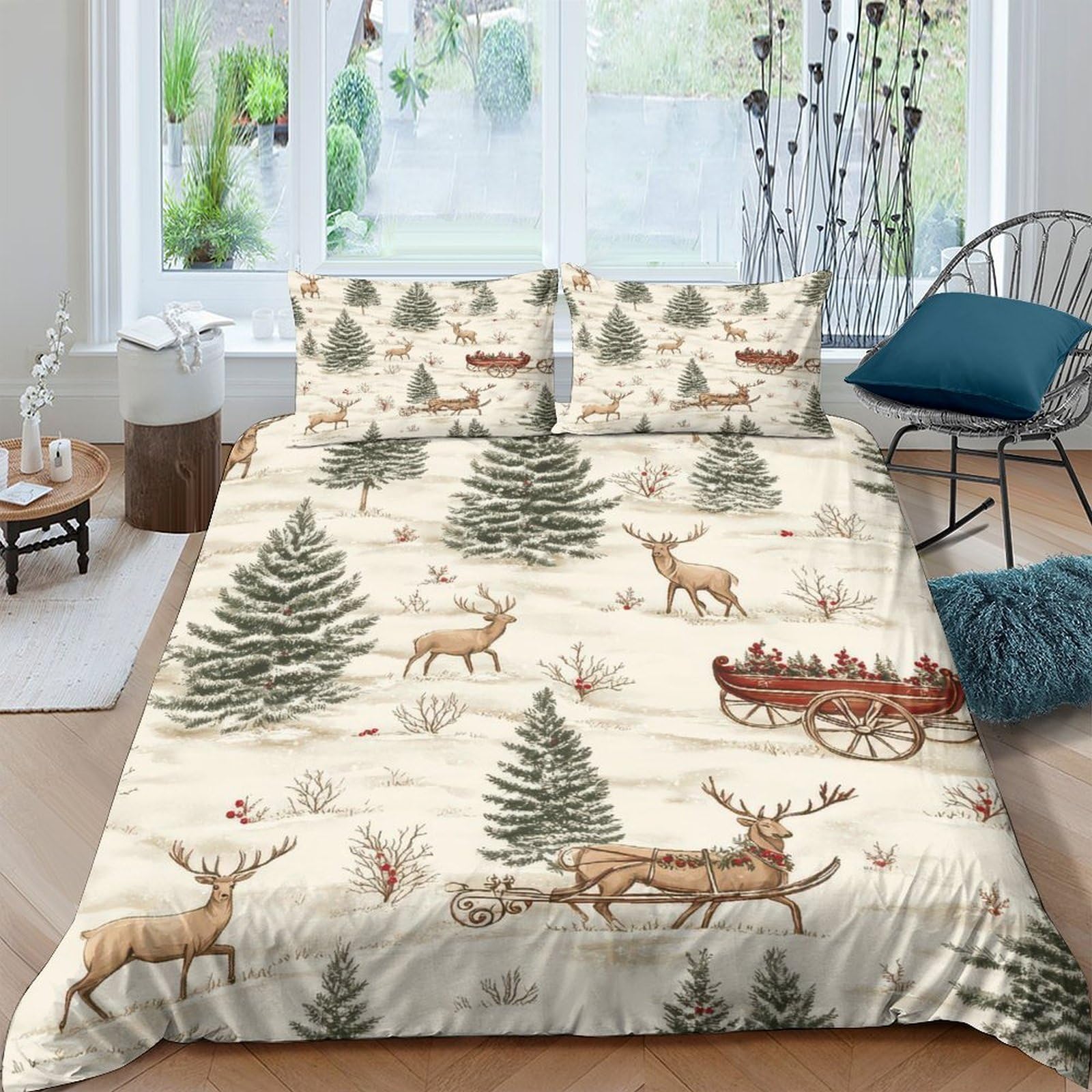 Ctjqhvkz Style-7 3D Printed Winter Forest Fitted Sheet Microfiber Soft Deer Sleigh Mattress Cover For Bedroom Dorm Guest Room Decor Single（135X200cm）