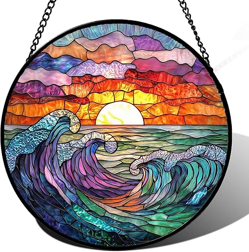 Miniatura 23 de Colgante de Ventana de Vidrio Emplomado Árbol de Navidad Escena Nocturna de Nieve Invernal 6.3" - Atrapasol Puerta Jardín Cocina Atrapasol