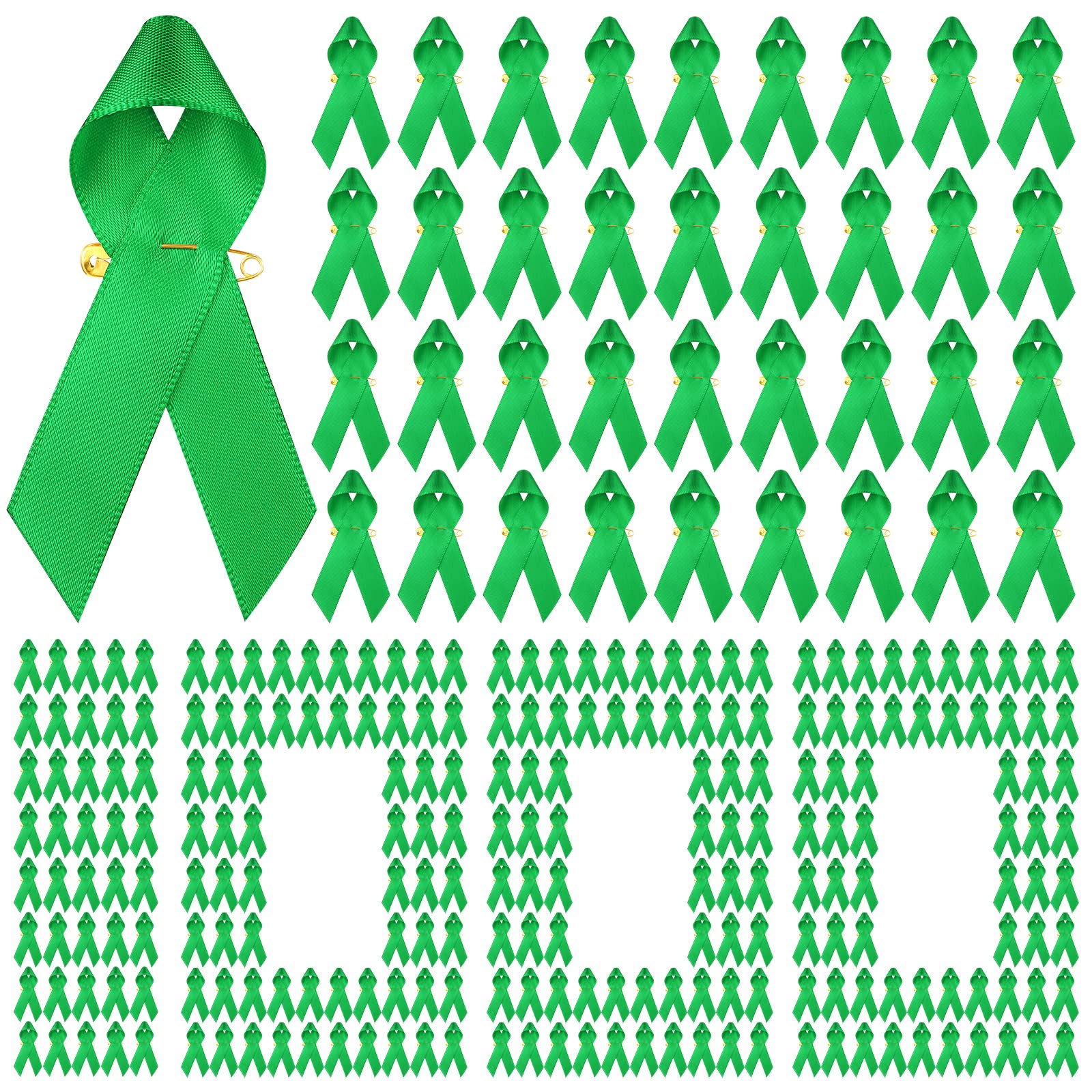 Yunlly Mental Health Awareness Ribbon with Safety Pins Bulk Green Ribbon Satin Kidney Disease Liver Cancer Awareness Items for Women or Men Charity