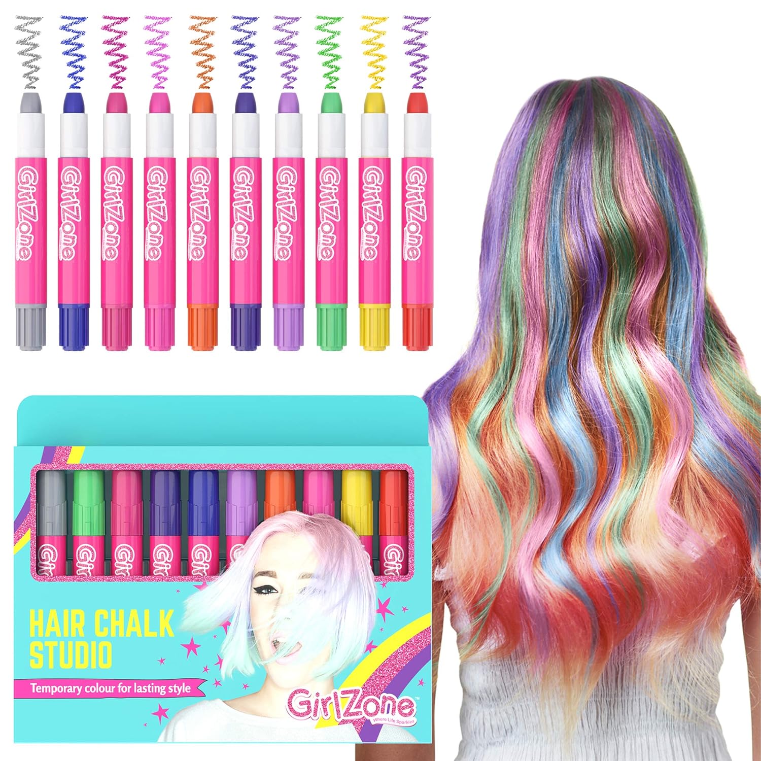 GirlZone Hair Chalk Set For Girls - 10 Piece Temporary Hair Chalks Color - Girl Toys For Girls Ages 8-12 - Birthday Gifts For Girls - Gifts For 7 8 9 10 11 Year Old Girls - Girls Toys 8-10 Years Old : Beauty & Personal Care