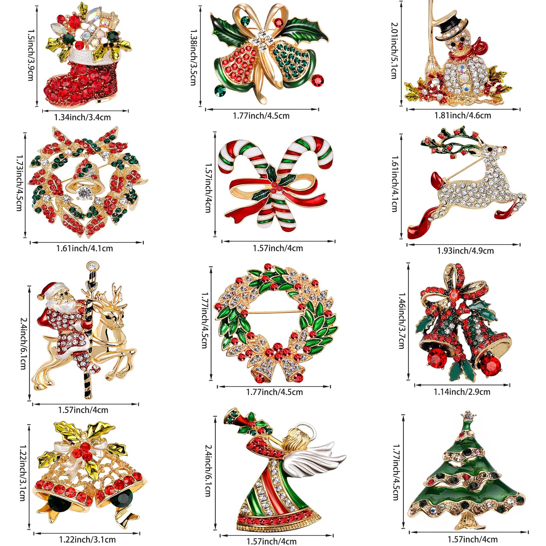 Juego de 12 broches de Navidad para mujer, con diamantes de imitación, corona de árbol de Navidad, muñeco de nieve, reno, adorno de Navidad, regalo, Acero inoxidable, amazonita