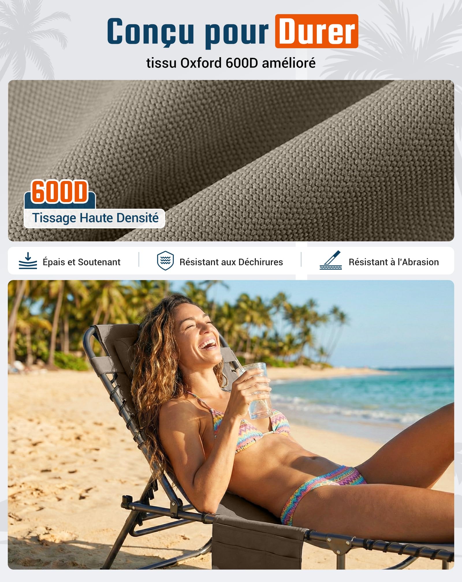 KingCamp Bain de Soleil Pliant 5 Positions Réglable Jusqu'à 180 kg, Beige | Chaise Longue Inclinable Pliable pour Jardin, Anti-Pincement Appuie-Tête Poche, Transat de Relaxation Pliant, Plage Camping