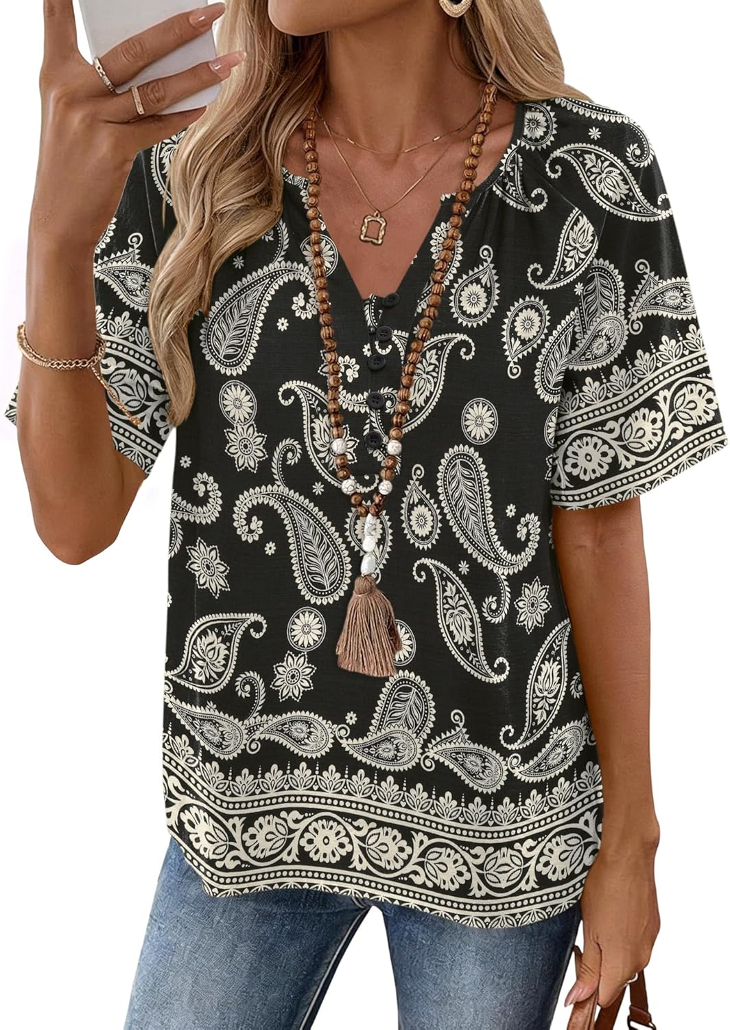 Rapbin Womens Summer Boho Tops Casual Short Sleeve Blouses Button Down Shirts 2026 Beach Vacation Clothes