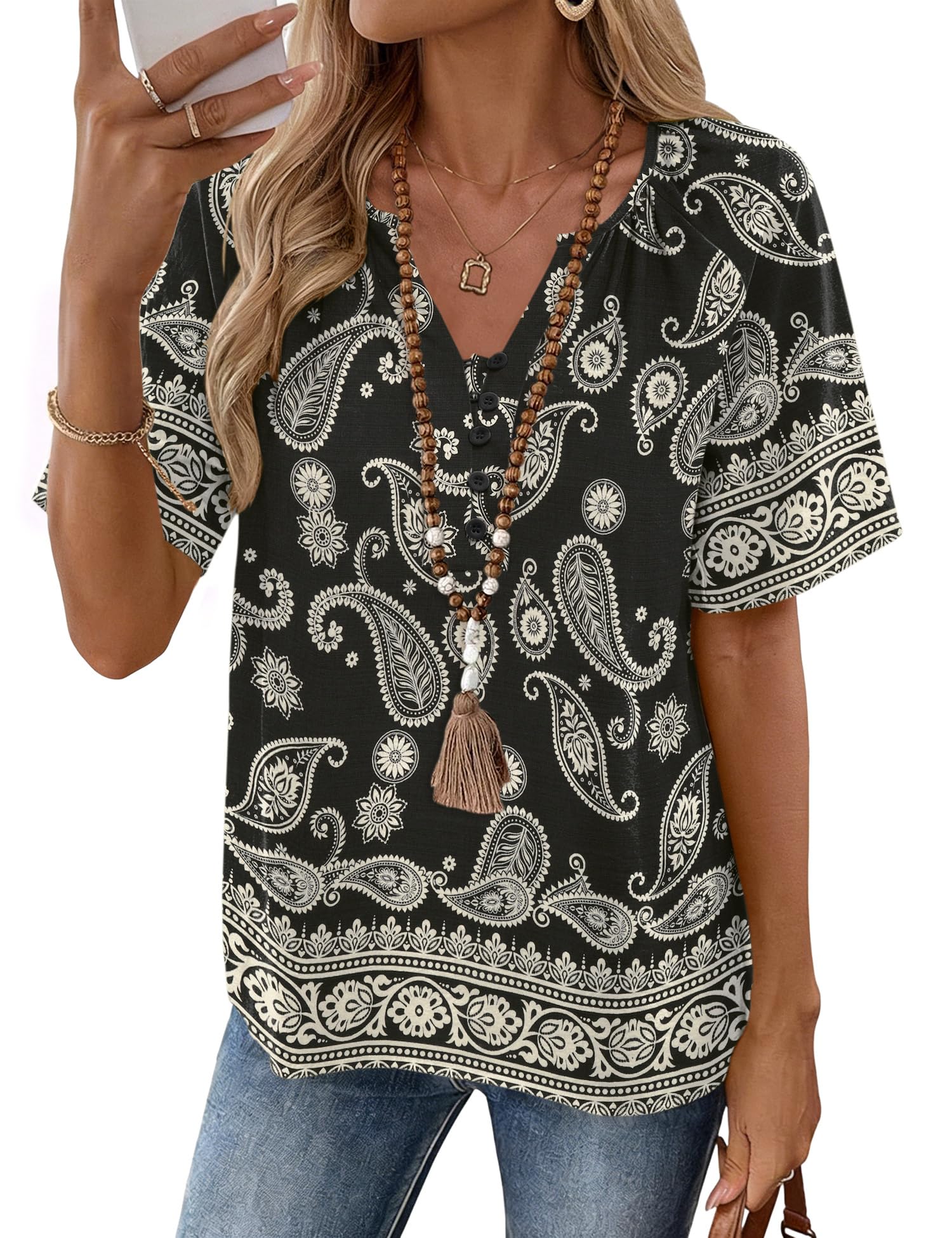 Rapbin Womens Summer Boho Tops Casual Short Sleeve Blouses Button Down Shirts 2026 Beach Vacation Clothes — view 6