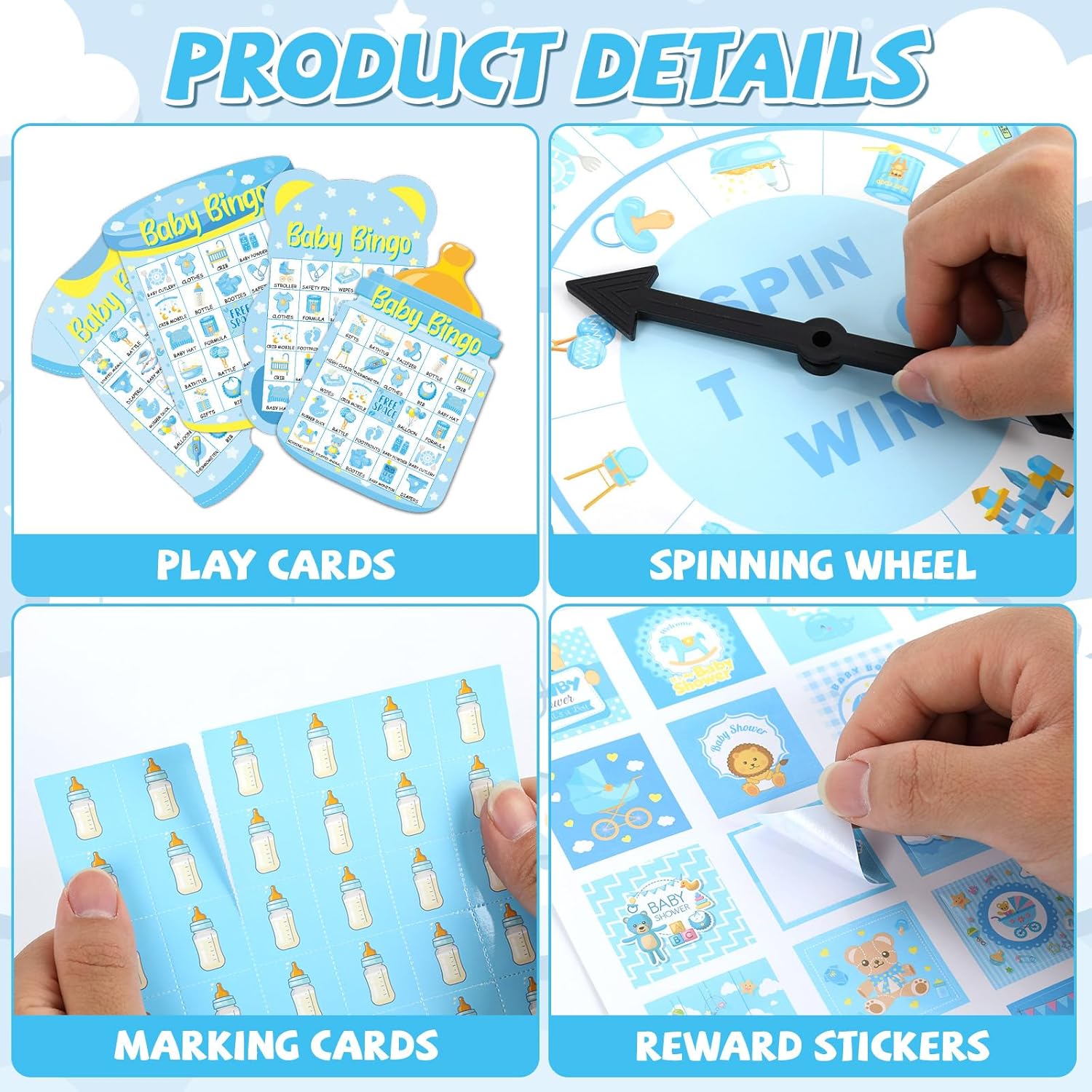 Baby Shower Bingo Games Cards for Boys Adults 24 Players Baby Shower Party Games Blue Newborn Bingo Cards with Turntable Reward Stickers for Party Activities Home Family Party Game