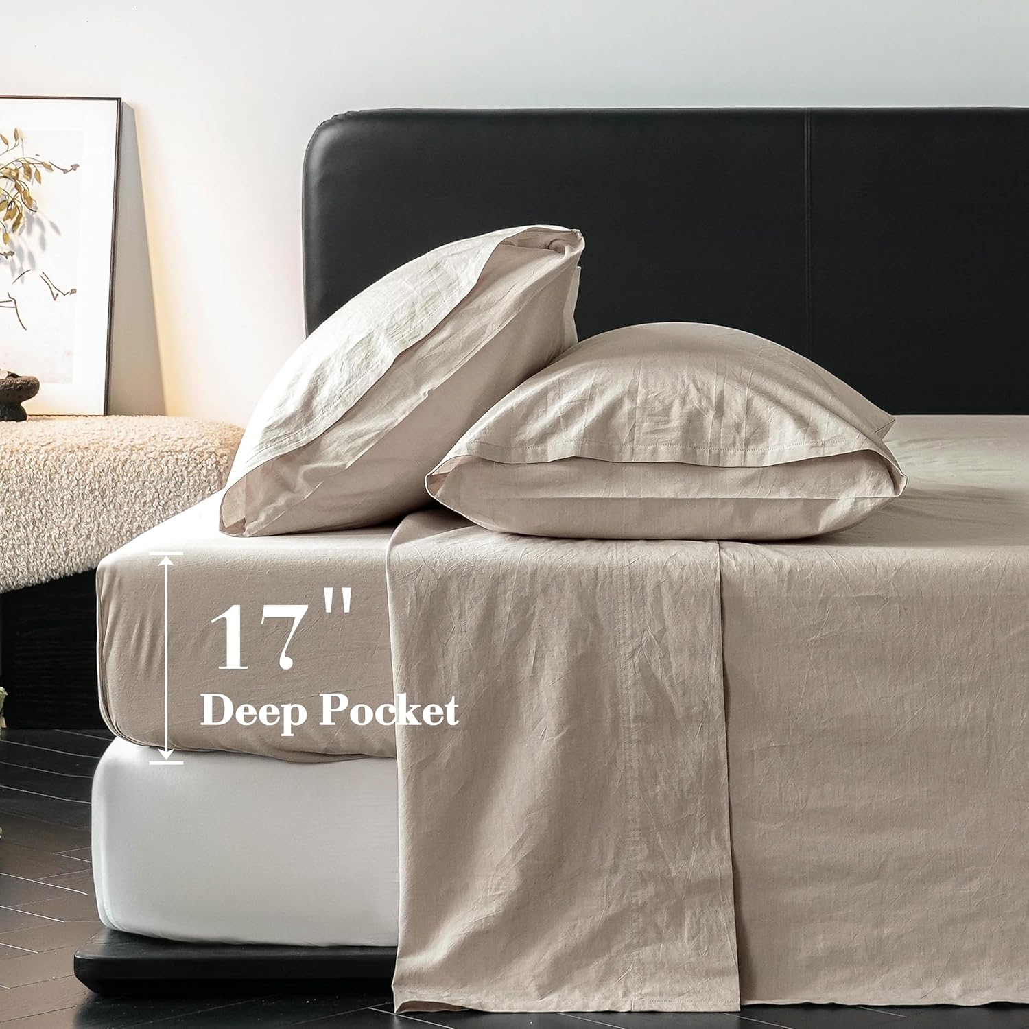 100% Washed Cotton Yarn-Dyed Sheet Set King Size, Breathable Soft Linen Like Bedding Sheets Set 4 Pcs-1 Flat Sheet, 1 Fitted Sheet & 2 Pillowcase with 17” Deep Pocket(Camel, King) - Image 2