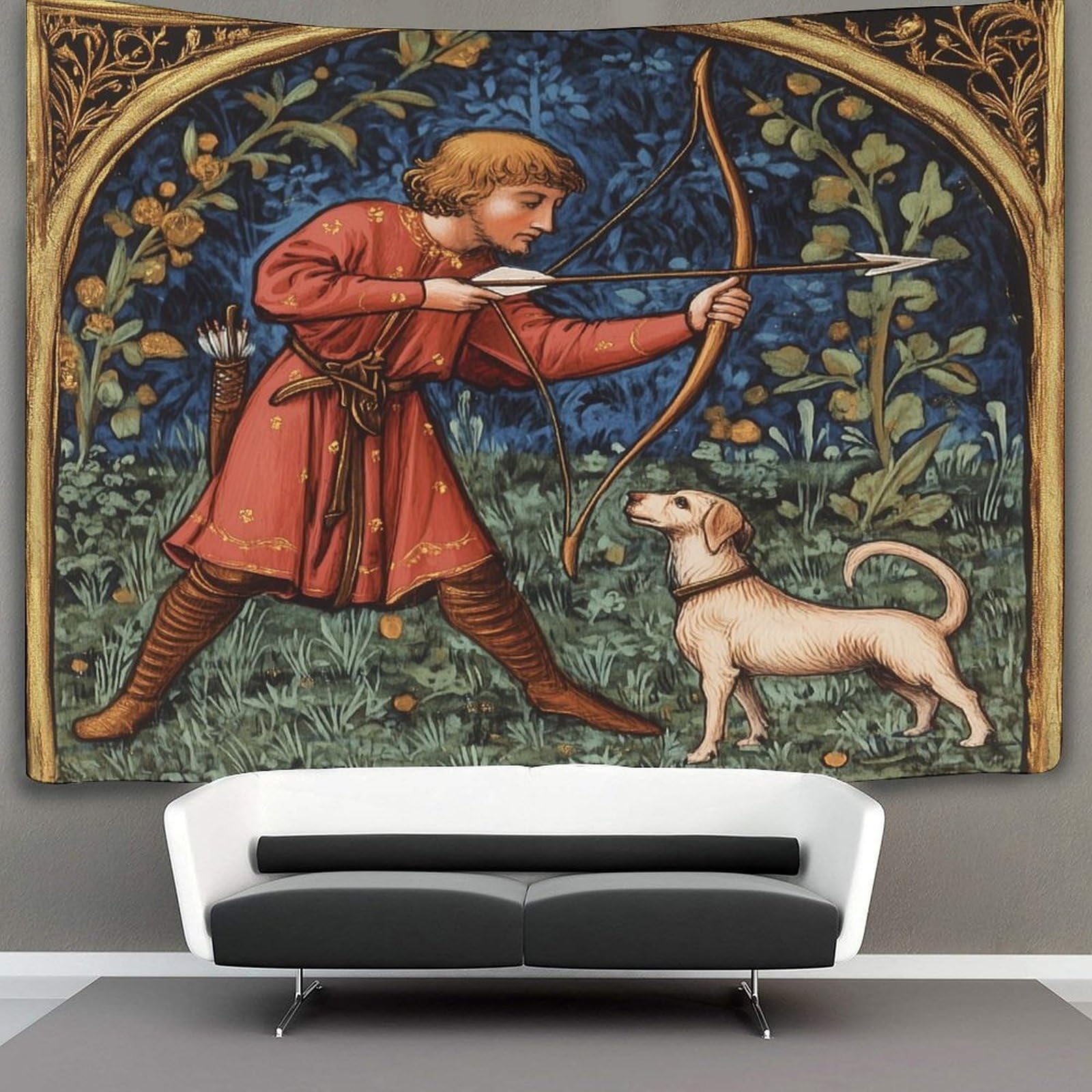 Kaiyun Style-8 Medieval Man With Bow And Arrow Tapestry Dog Gothic Style Painting Tapestries 3D Wall Hanging Home Decorations For Room 180Cmx230cm