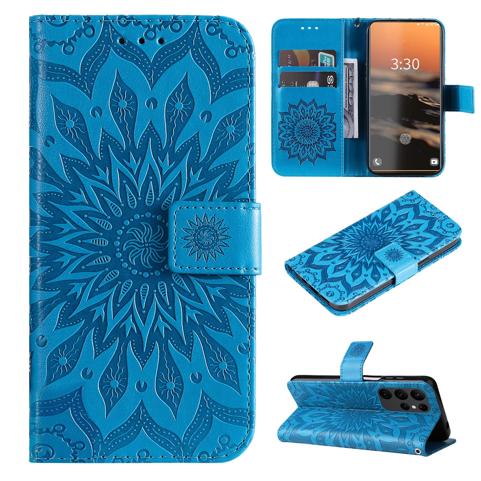 Custodia Portafoglio per Sasung Galaxy S23 FE, Cover a Libro in Pelle PU con Texture Seta, con Supporto e Tracolla - Blu Cielo