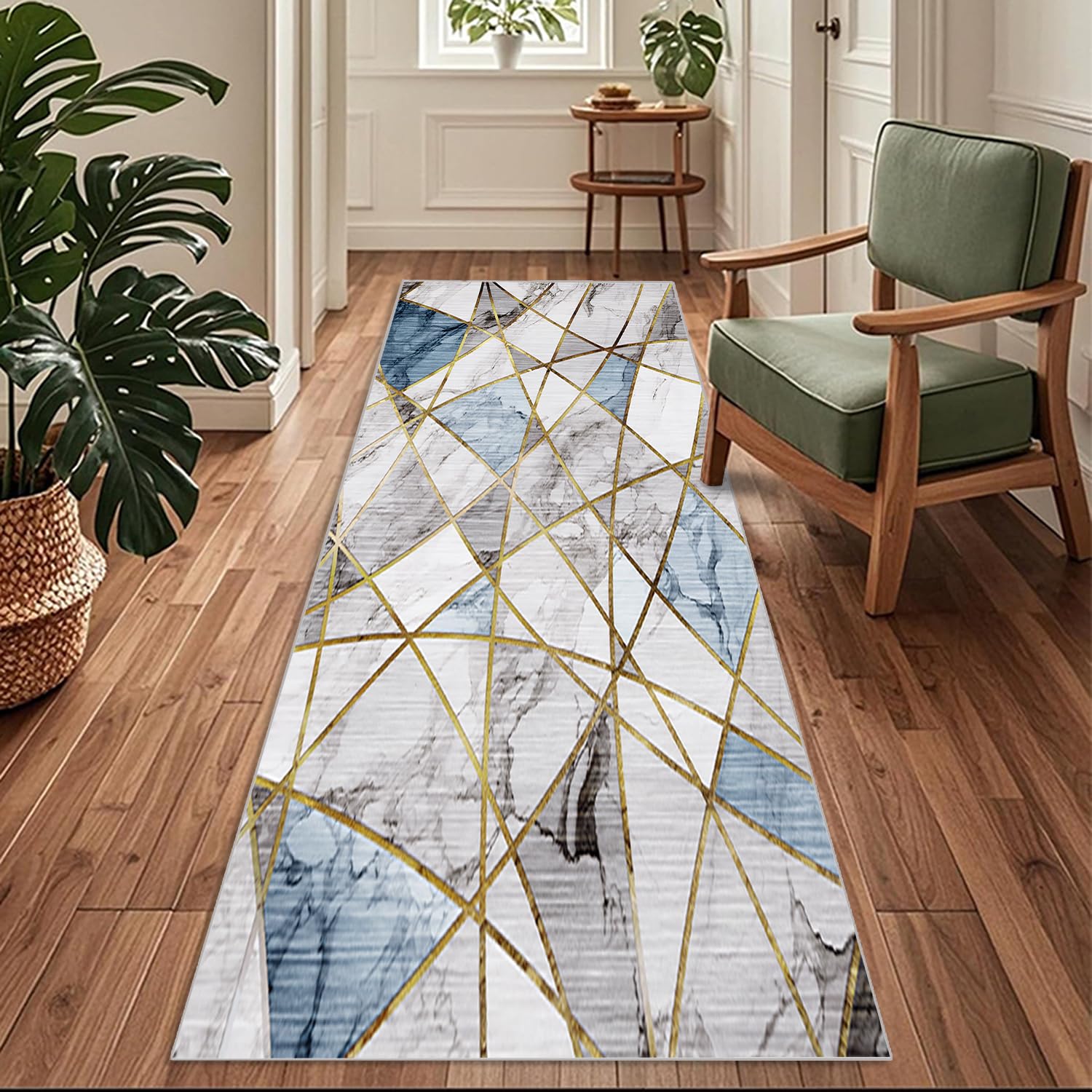 Siunwdiy Blue Hallway Runner Non-Slip 100x340cm Extra Long Entryway Runner Rug Oriental Kitchen Rug Washable Low Pile Floor Carpet for Hallway Entryway Laundry Room