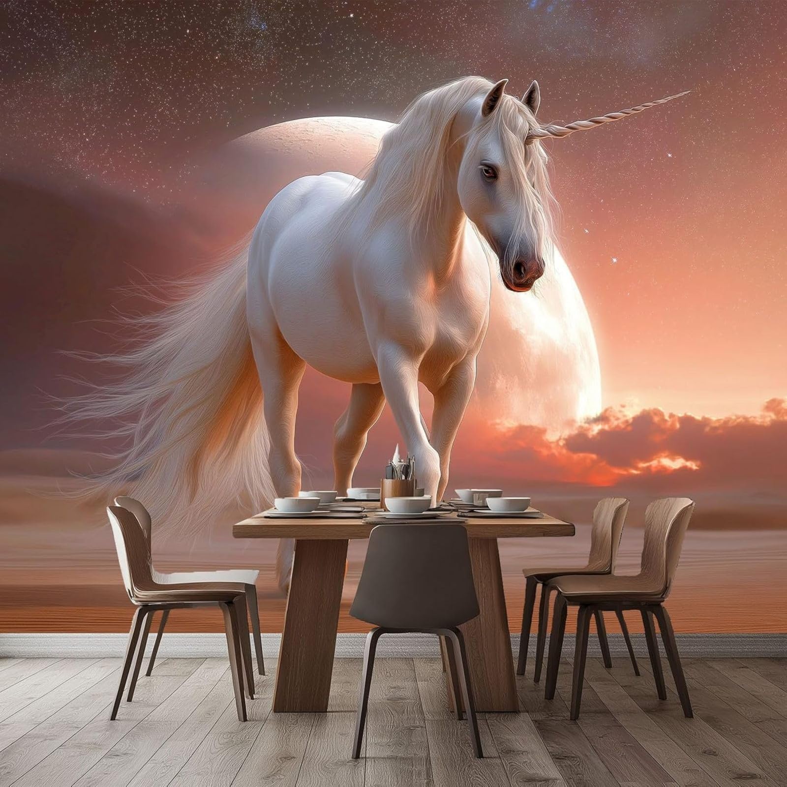 pdghsdkgjh Fantasy Animals 3D Effect Photo Wallpaper, Desert Unicorn Brown Non-Woven Wallpaper for Living Room Bedroom TV Background, 400cm x 280cm Stickers - Frameless Painting - Poster