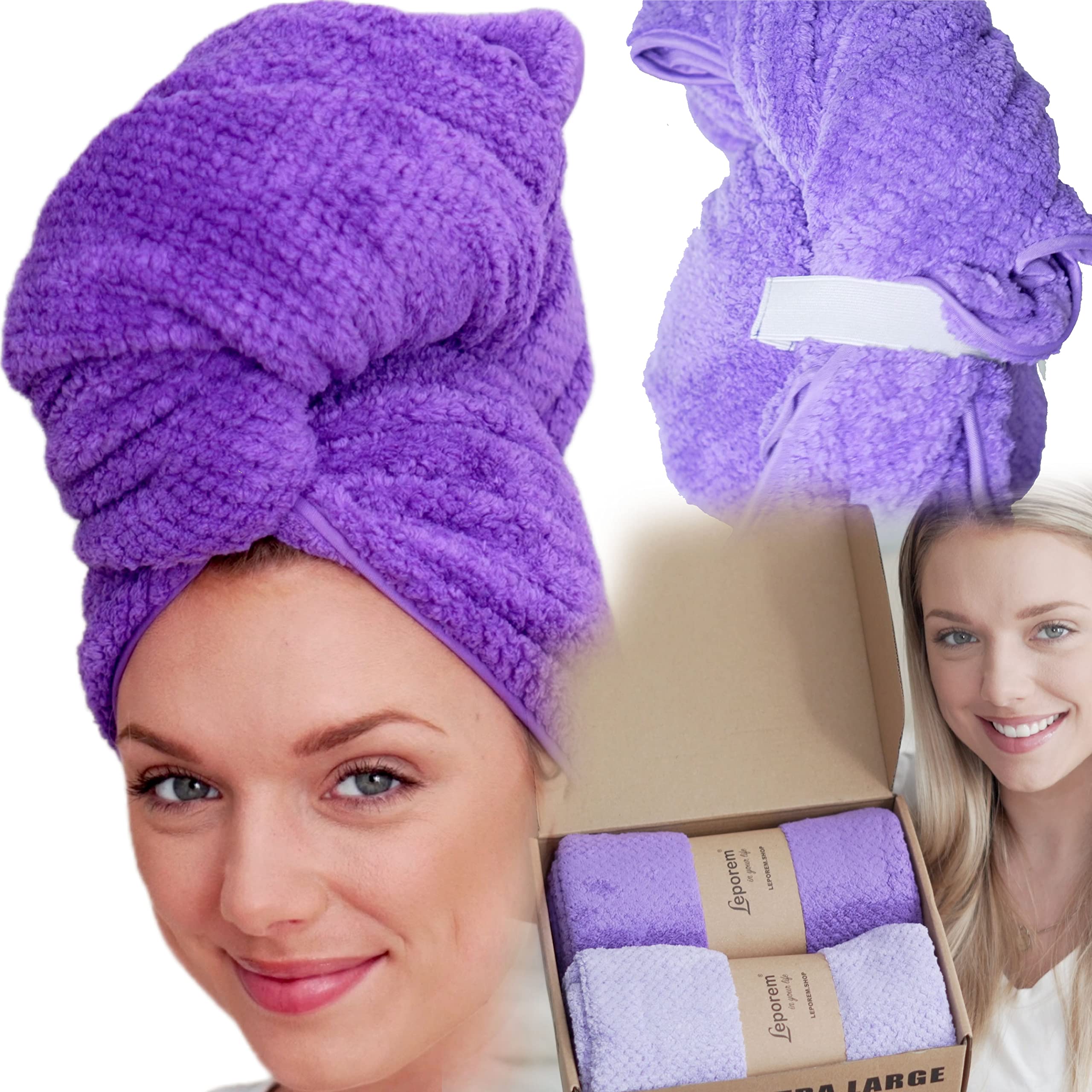 Leporem2 Pack Oversize (43 inch X 30 inch) Microfiber Hair Towel - Super Absorbent Hair Wrap with 2 Elastic Bands (Hydrangea Purple)