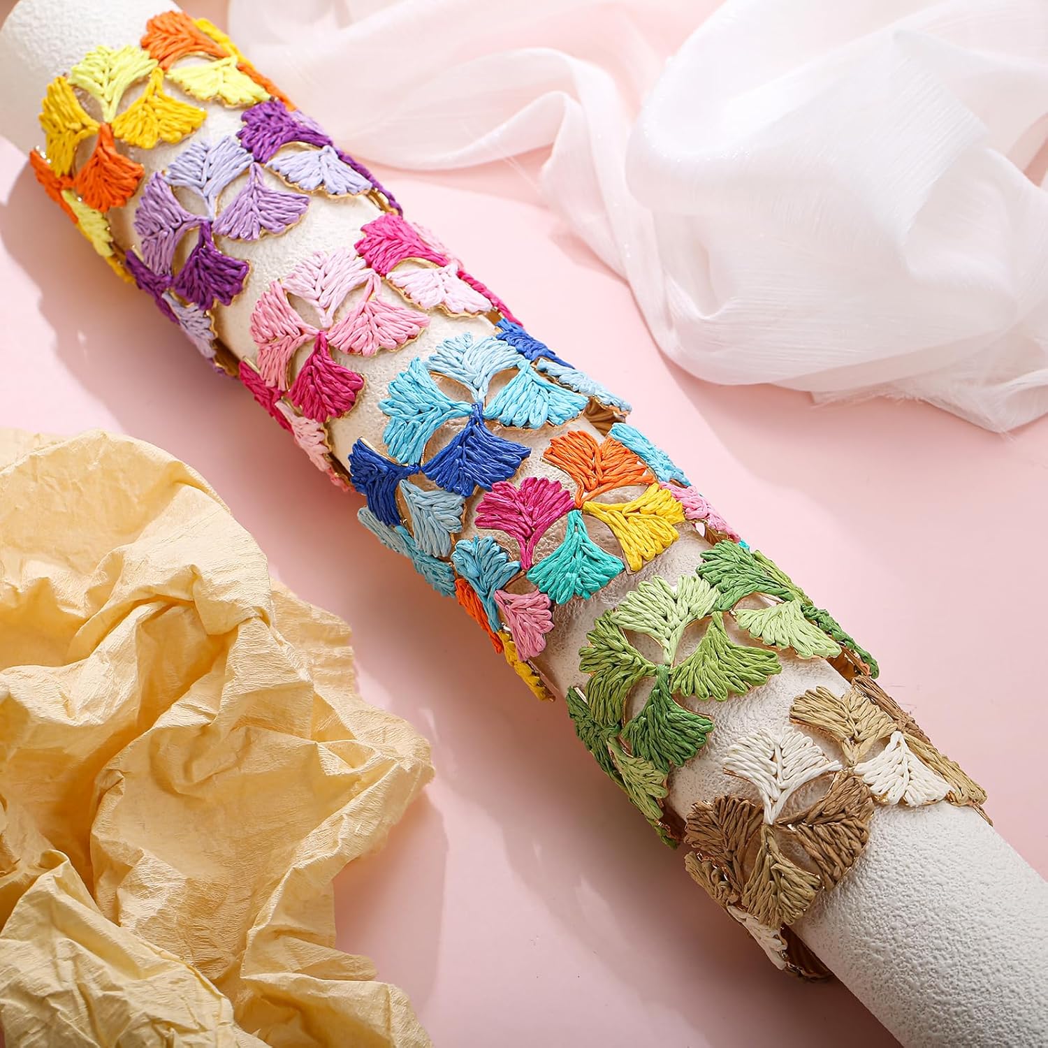 Women's Raffia Cuff Bracelet with Ginkgo Leaf, Handmade Summer Beach Jewelry, Vibrant Gradient Colors, Adjustable Open Cuff Design - Image 6