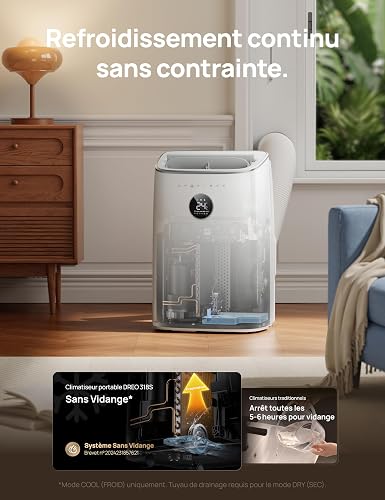 DREO climatiseur mobile 7500 BTU 3-en-1 refroidissement/ventilation/déshumidification, silencieux pour chambre ou bureau, contrôle par app et voix, sans drainage, kit fenêtre, 2,5 L/h, AC318S - 4