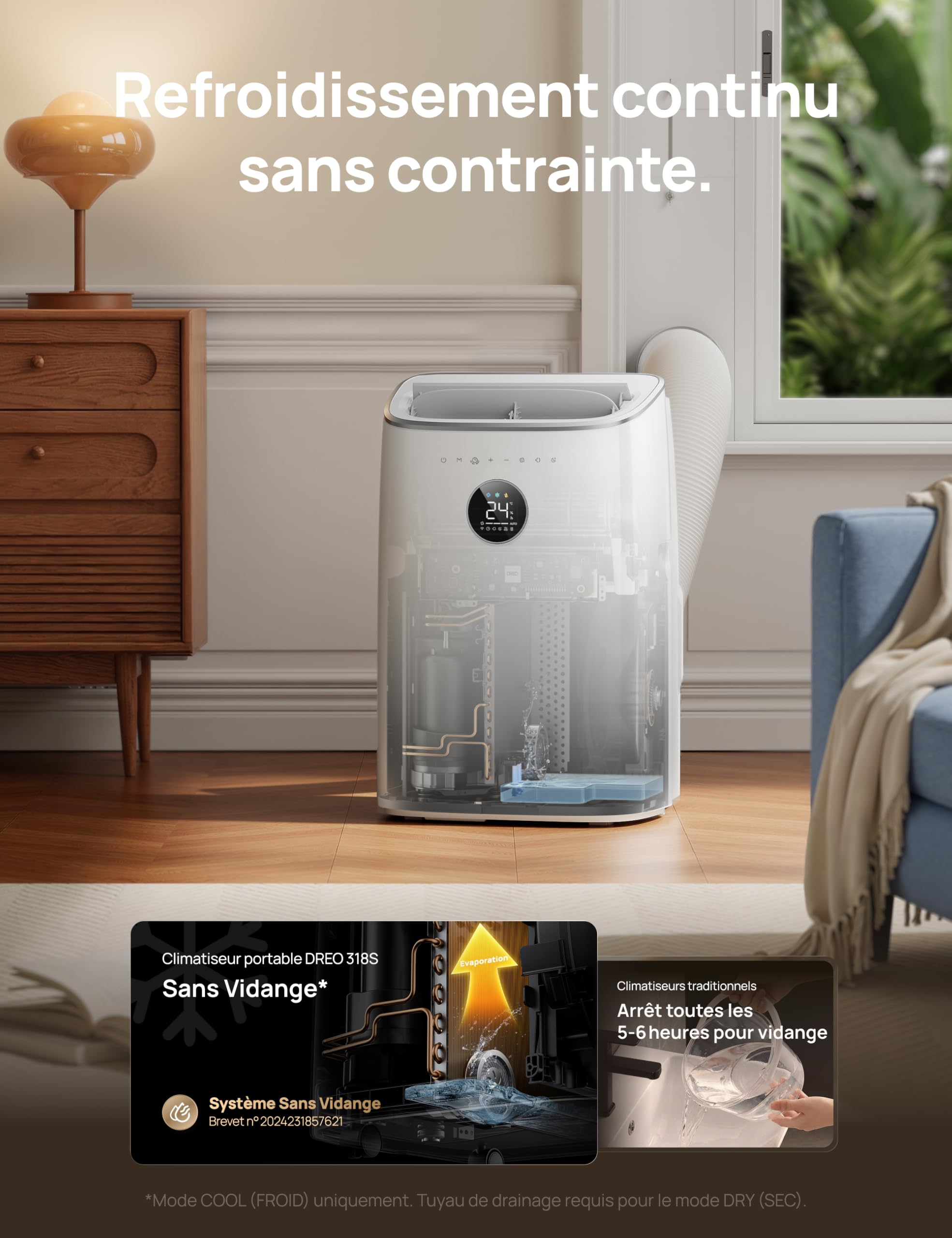 DREO climatiseur mobile 7500 BTU 3-en-1 refroidissement/ventilation/déshumidification, silencieux pour chambre ou bureau, contrôle par app et voix, sans drainage, kit fenêtre, 2,5 L/h, AC318S