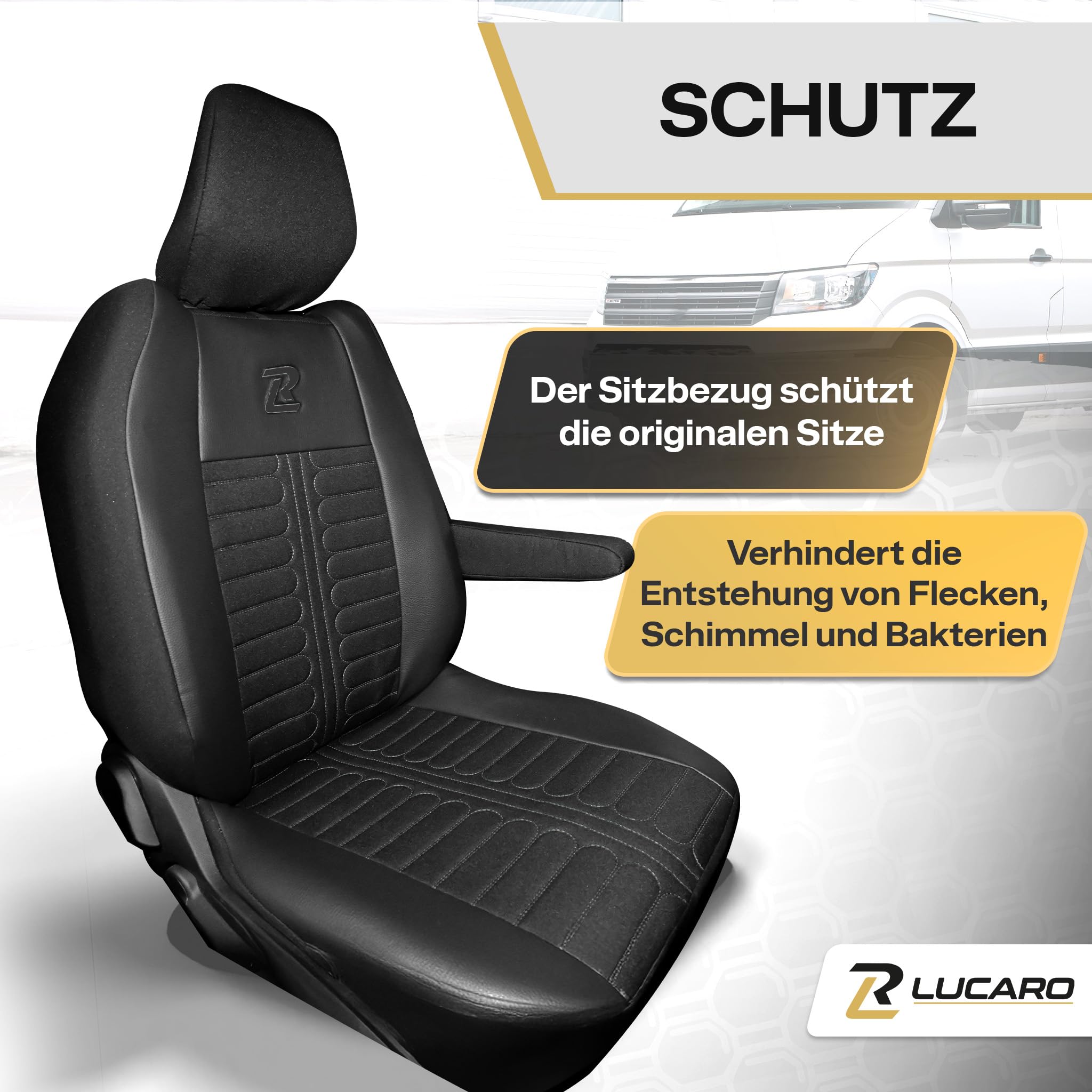 LUCARO Sitzbezüge Auto Set für Renault Master 4, Nissan Interstar 3 Schwarz | Lucaro Sitzbezug Set Zubehör Rückenlehne und Sitzfläche geteilt - TORNADO Schonbezug Autositz Vorne mit Öko-Leder
